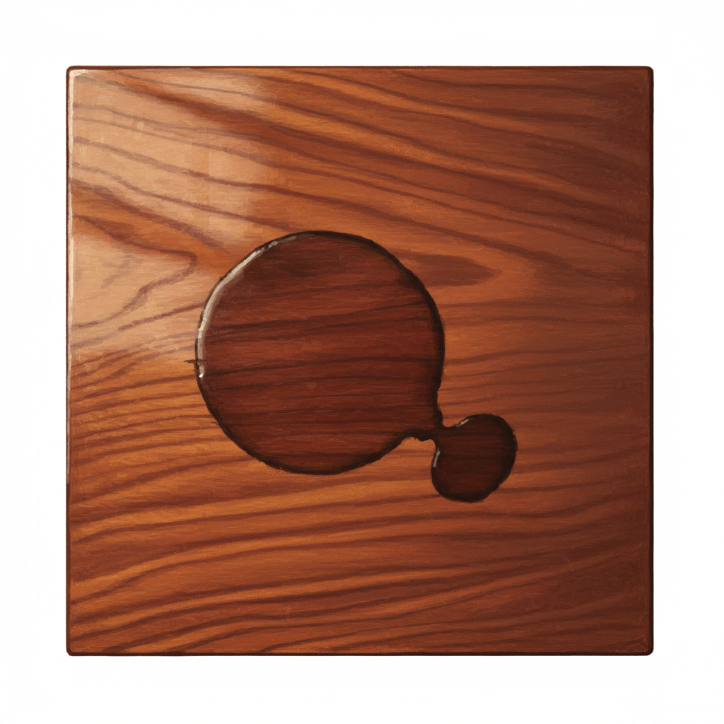 A realistic, detailed close-up illustration of a beautiful, rich mahogany or oak wooden surface. A prominent, deeply embedded dark water stain, possibly a clear ring shape or an irregular splotch, distinctly mars the otherwise pristine wood grain. The contrast between the dark, discolored area and the surrounding natural, vibrant wood should be very clear and visually striking, highlighting the problem. High-quality realistic illustration style.