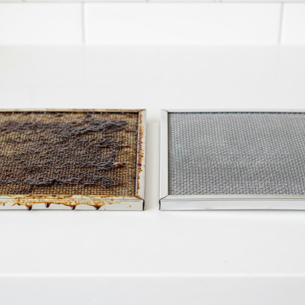 A professional, bright close-up photo comparing two range hood grease filters side-by-side. On the left, a heavily soiled, dark brown, grease-laden metal filter, clearly caked with old cooking residue. On the right, an identical filter sparkling clean, made of shiny silver metal, free of any grime. The contrast should be stark and visually emphasize the necessity of cleaning.
