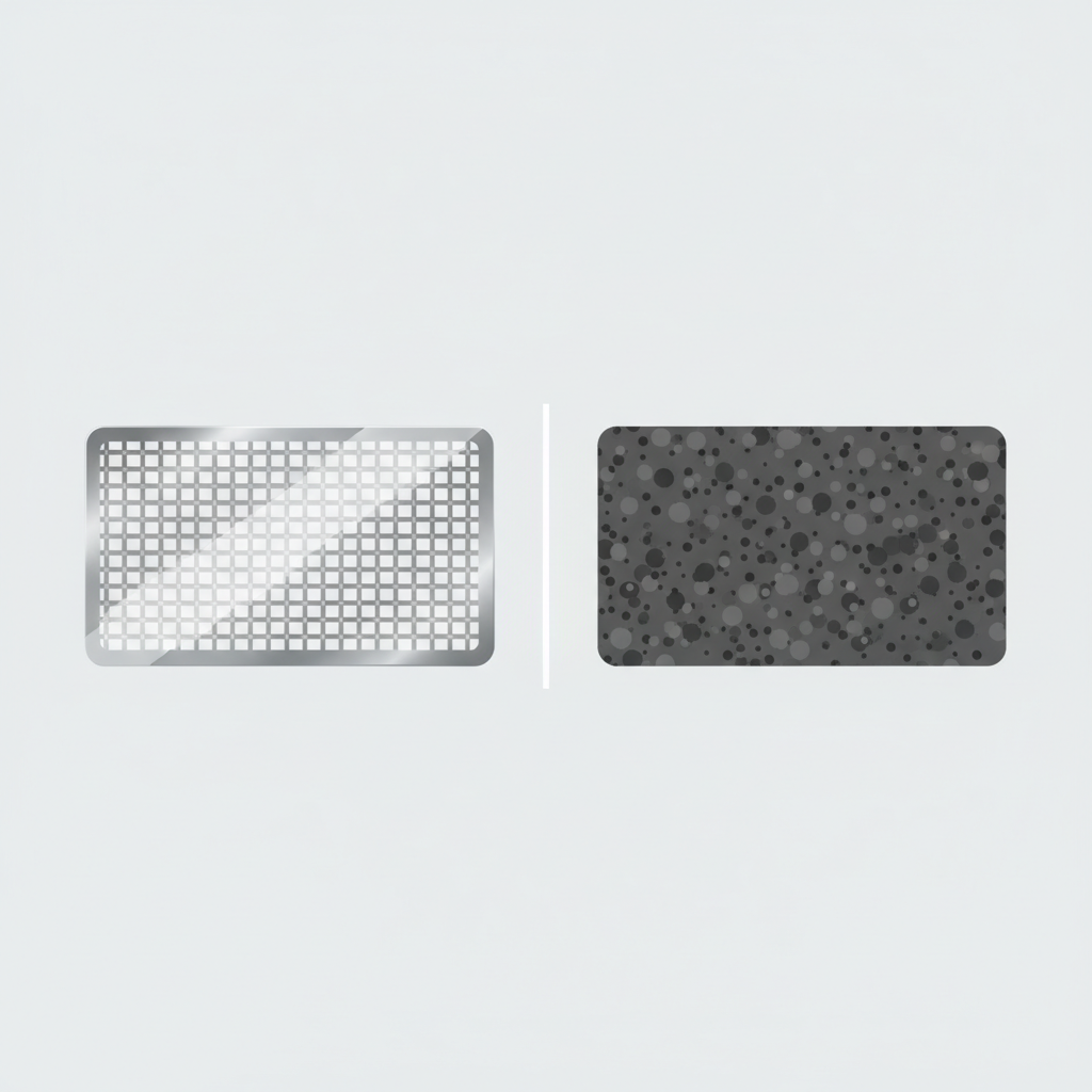 A clean, minimalist flat illustration or infographic showing a side-by-side comparison of two types of range hood filters. On one side, a silver, metallic mesh filter with a clear, grid-like structure, representing a grease filter. On the other side, a darker, porous, rectangular filter filled with small, granular particles, representing an activated carbon filter. The illustration should clearly differentiate their visual characteristics.