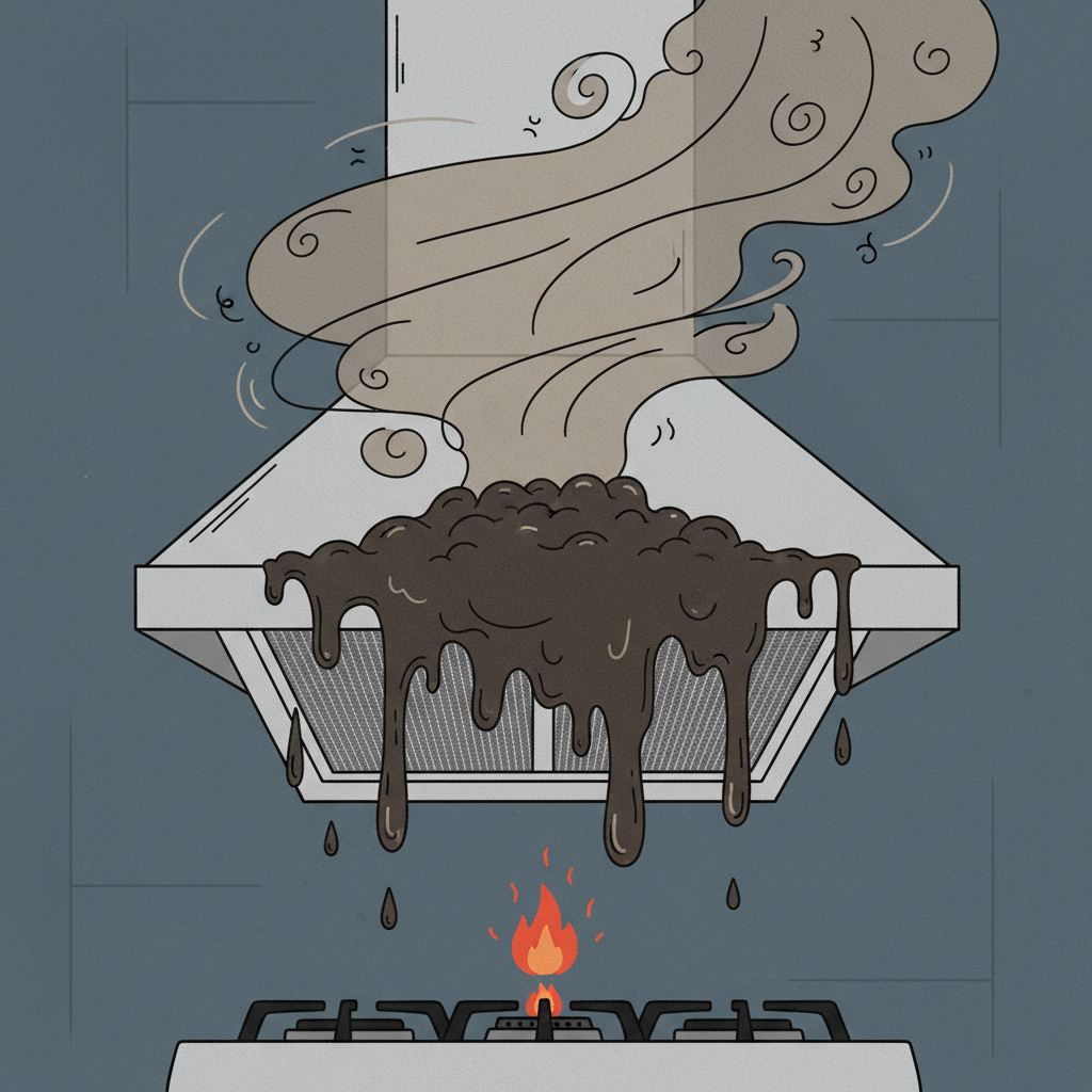 A conceptual illustration depicting the negative consequences of a neglected range hood filter. The illustration features a stylized range hood with a visibly clogged, dark, and overflowing filter, hinting at accumulated grease. Above the filter, a subtle, swirling cloud of cooking fumes and faint odor symbols indicates poor air circulation. Below the filter, a small, symbolic flame or spark suggests a fire hazard. The overall tone should convey inefficiency and potential danger.