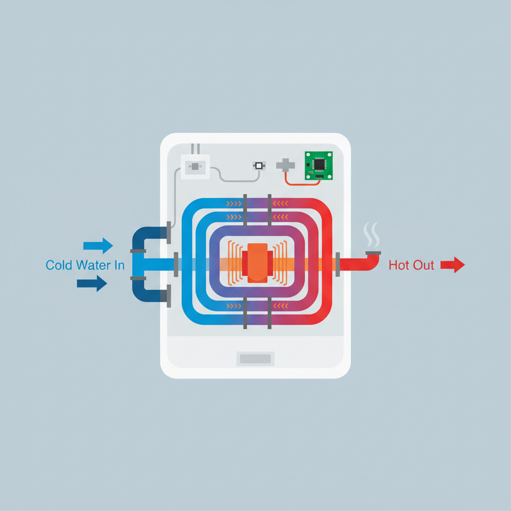 A detailed cutaway diagram of a modern, wall-mounted tankless water heater (Durchlauferhitzer). Show a clear visual flow: cold water entering on the left (represented by a blue arrow), flowing through an internal heating element that glows red/orange, and exiting as hot water on the right (represented by a red arrow). Emphasize the instantaneous heating process within the compact unit. Use a clean, flat illustration style with clear, distinct components and a simple, uncluttered background, suitable for an educational context.