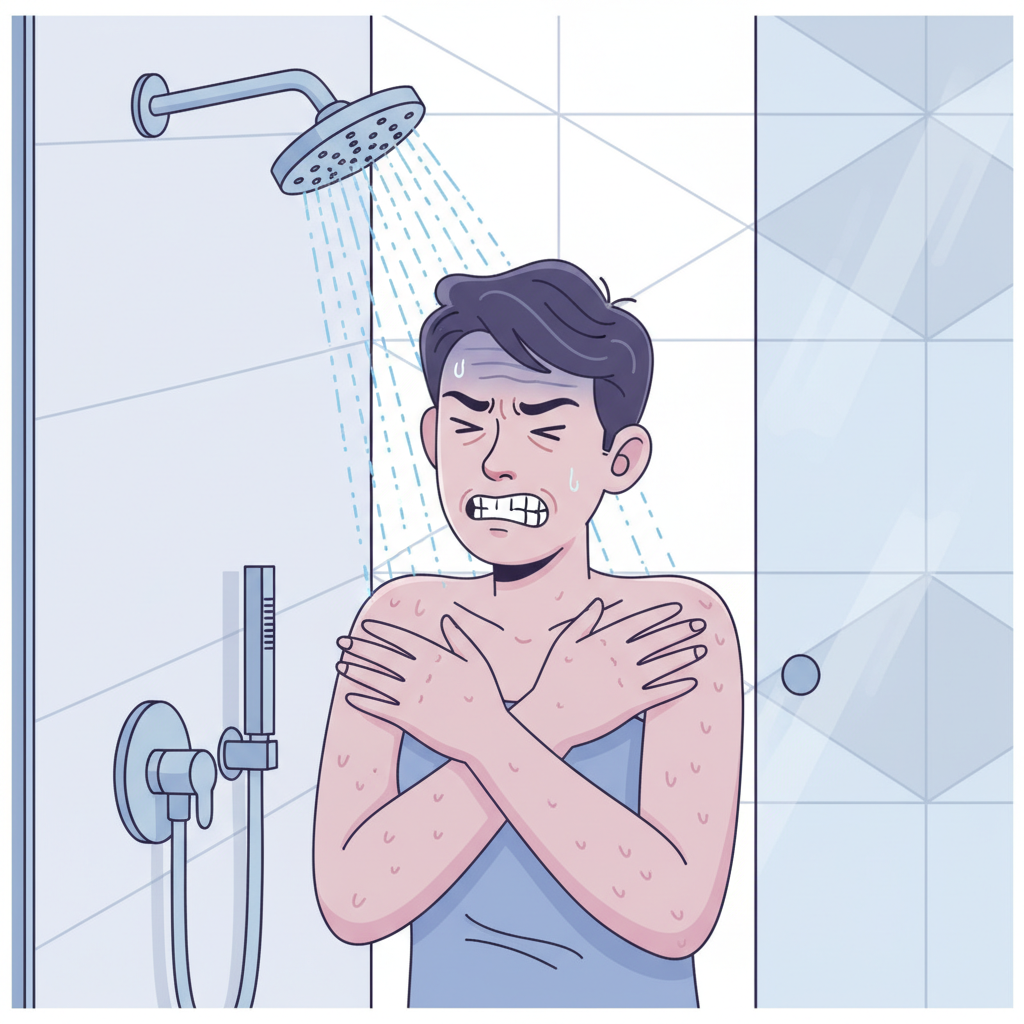A visually striking illustration depicting a person in a modern bathroom, standing under a showerhead from which only a meager trickle of cold water is coming out. The person should have a clearly frustrated or annoyed expression, perhaps shivering slightly, with goosebumps visible. The water should be depicted as cold, with no steam present. The overall mood should convey discomfort and inconvenience due to the lack of hot water. Use a slightly stylized illustration style with empathetic character design and cool color tones.