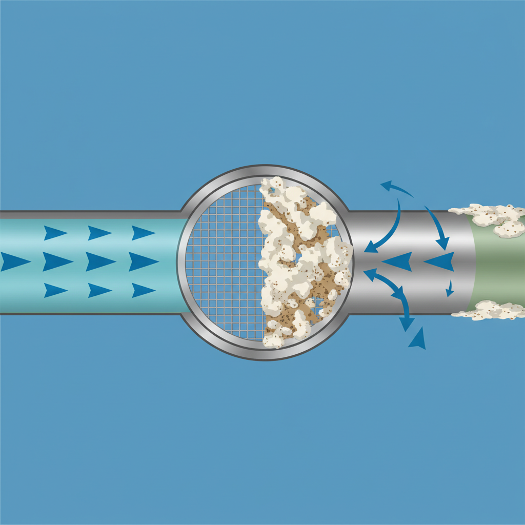 An infographic-style illustration focusing on the internal workings of a water pipe or a filter mesh. Show a cutaway view of a pipe section with clear, unhindered water flow (blue arrows) on one side. Transition this to a section where an integrated filter or a pipe segment is visibly obstructed by accumulated limescale or debris (off-white, textured particles). The water flow on the obstructed side should be noticeably reduced and turbulent, indicating low pressure. Use a professional color palette with contrasting colors to highlight the blockage effectively.