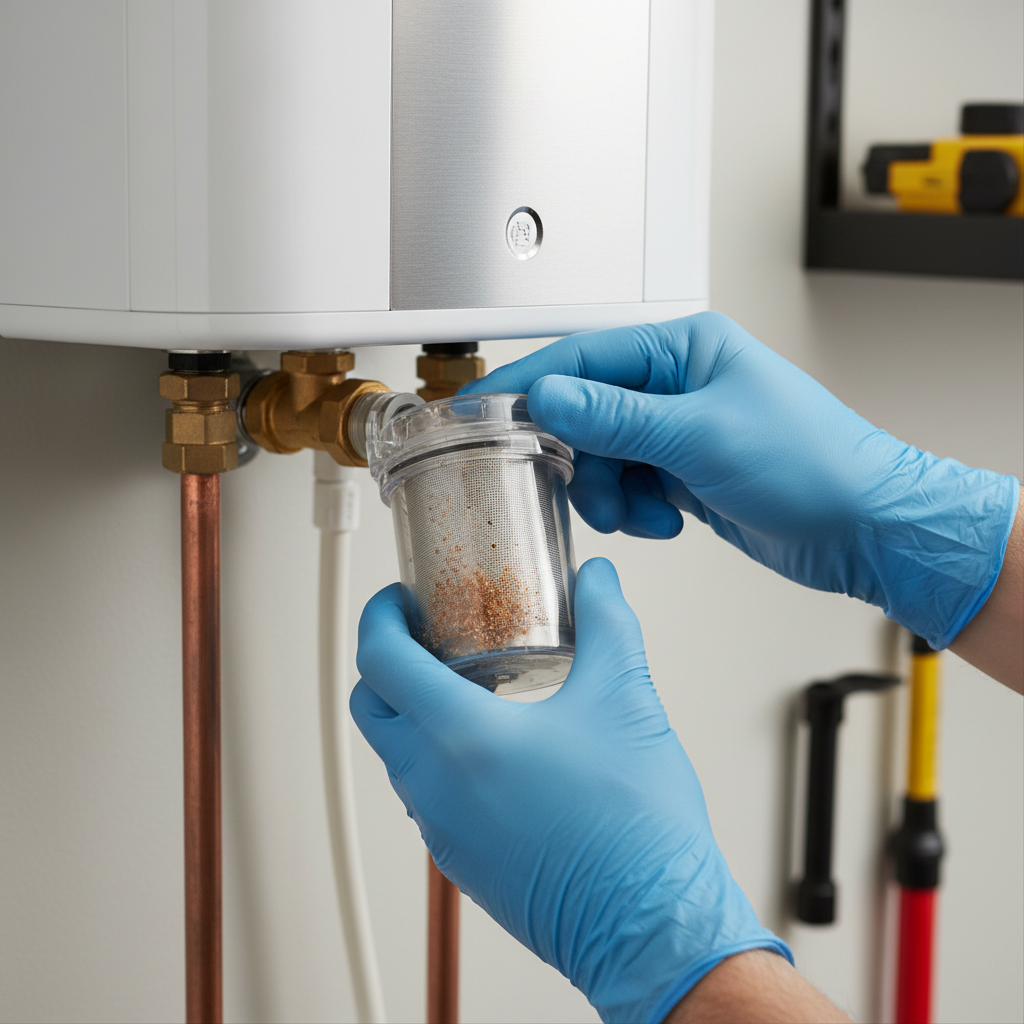 A professional, close-up photo-realistic illustration of a pair of hands, possibly wearing protective gloves, carefully unscrewing or removing a water filter component from the inlet pipe connection of a tankless water heater. The filter mesh should be clearly visible in the hands, showing some accumulated dirt, mineral deposits, or fine debris, indicating the need for cleaning or replacement. The background should be subtly blurred to keep the focus on the hands and the filter, conveying a practical maintenance action with clear lighting.