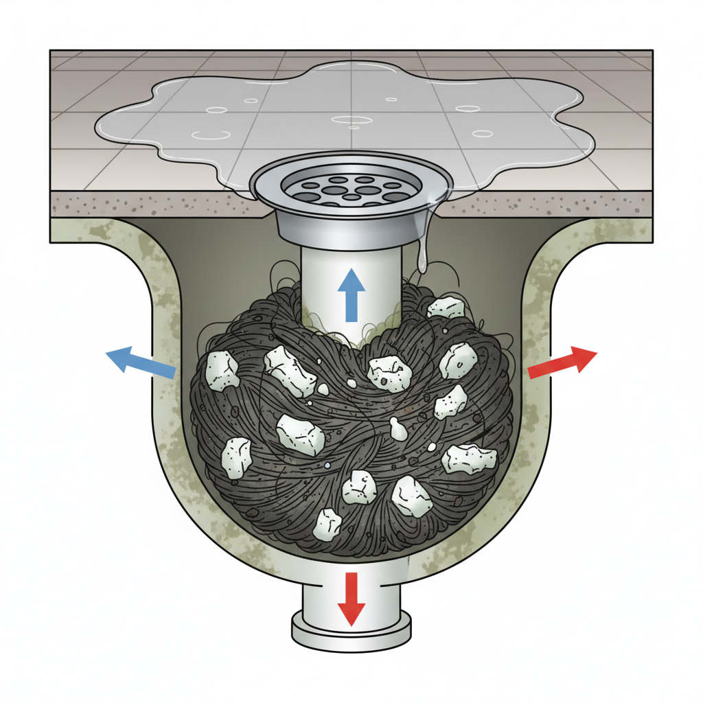 A detailed, infographic-style cutaway diagram illustrating a severely clogged shower drain. The scene shows the shower floor with standing, murky water slowly draining into a visible drain opening. Beneath the drain cover, the internal pipe is clearly depicted with a substantial blockage. This blockage is a dense, sticky mass composed of tangled long hairs, solidified white soap scum, and small dark debris. The pipe walls around the accumulation should appear grimy, effectively emphasizing the severity and composition of the common shower drain obstruction.