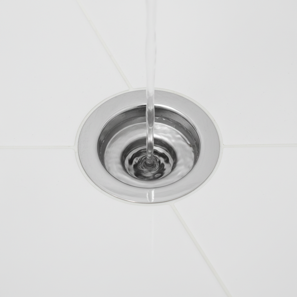 A professional, high-definition photo capturing a perfectly clean and highly functional shower drain. The image focuses closely on the drain opening, where crystal clear water is actively spiraling downwards, creating a smooth, unimpeded flow. The chrome or stainless steel drain cover is gleaming, reflecting light beautifully. The surrounding pristine white tile or shower tray appears spotless and perfectly dry, conveying a sense of hygiene and efficiency, representing the desired outcome of a successfully cleaned drain.