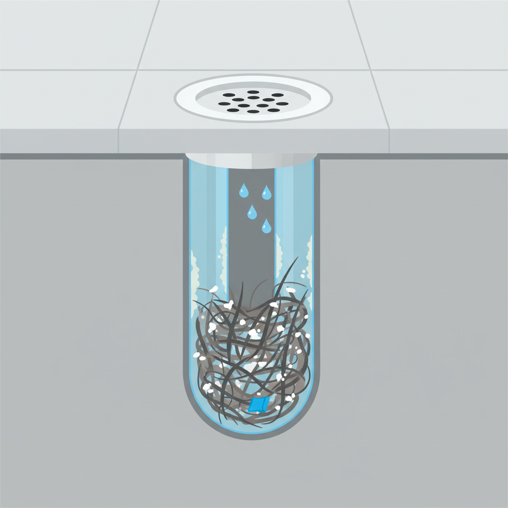 A detailed cutaway diagram in a clean, modern infographic style showing a cross-section of a shower drain pipe beneath a shower floor. Inside the pipe, a visible blockage composed of intertwined strands of hair, cloudy soap scum, and small skin flakes is clearly obstructing the flow of water. Limescale deposits are subtly visible clinging to the pipe's interior walls. A single small, unidentifiable foreign object (e.g., a tiny plastic piece) is embedded within the clog. Water droplets should appear to be pooling above the blockage, indicating impaired drainage. The overall aesthetic should be informative and visually clear.