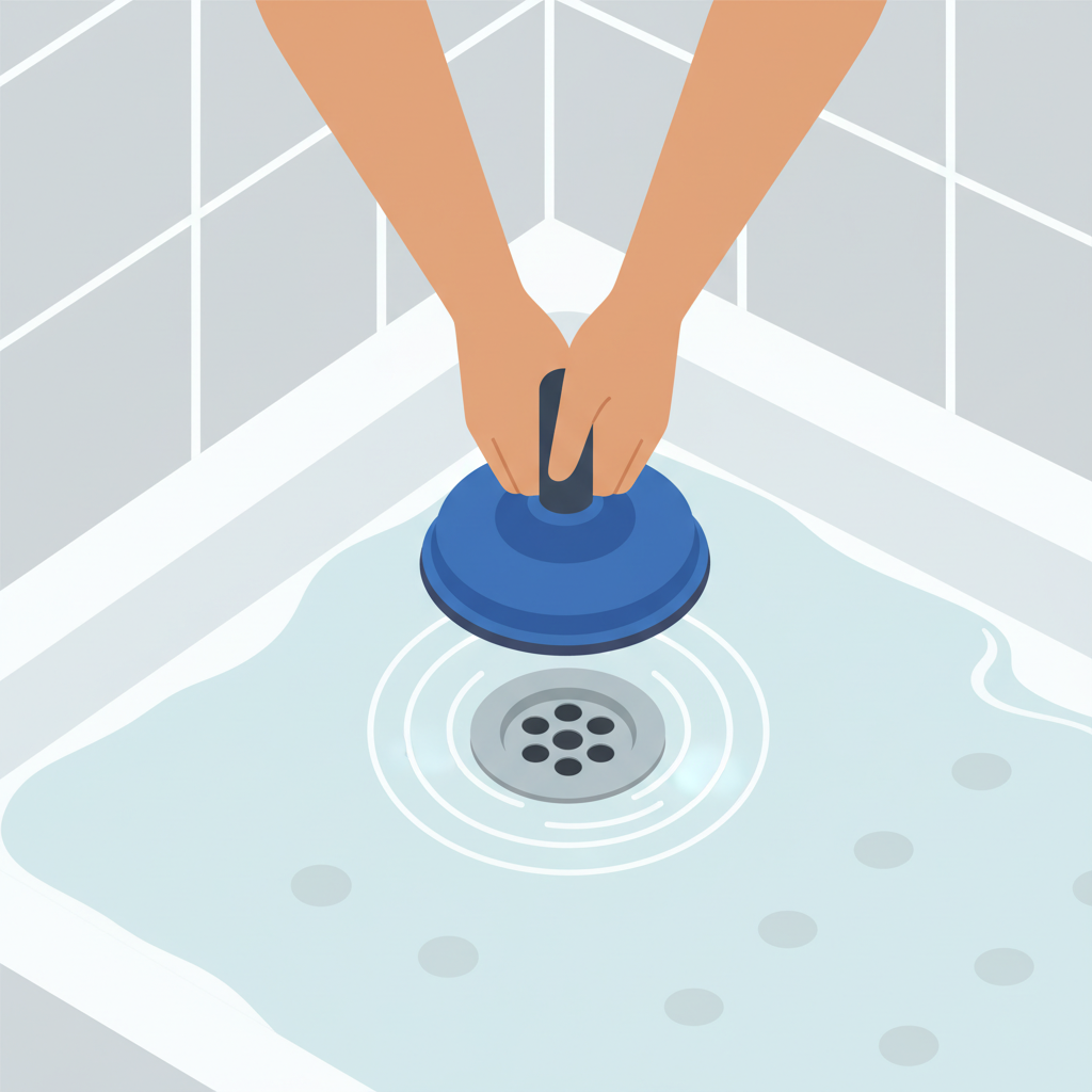 A vibrant, flat illustration depicting a person's hands using a red or blue rubber plunger on a shower drain. The scene is from a slightly elevated perspective, looking down into a clean, white shower tray with water partially covering the drain. The plunger is pressed firmly over the drain opening, creating a suction effect, with slight ripples visible in the water around its base. The person's forearms are visible, applying downward pressure. The overall atmosphere should convey active problem-solving in a relatable household setting, with clear, distinct shapes and colors.