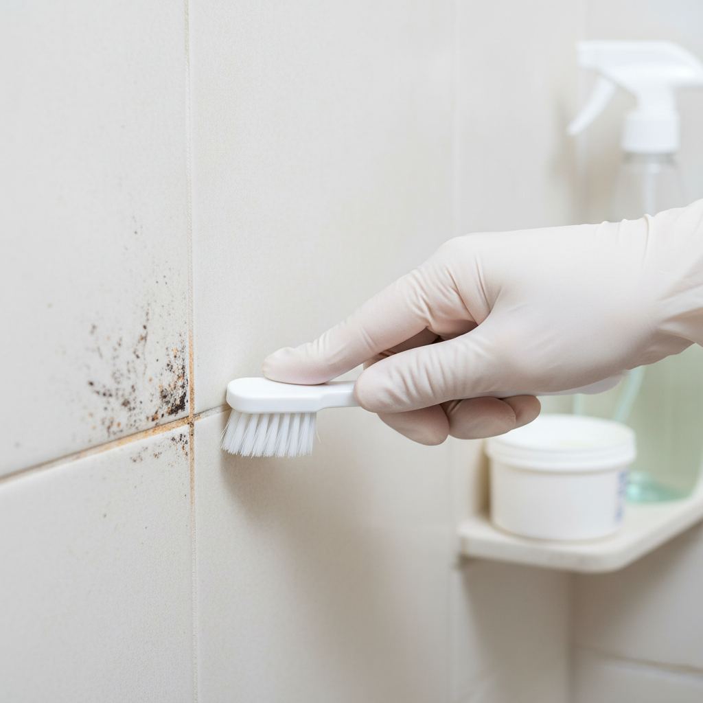 A close-up, professional photo of a hand wearing a simple glove, actively scrubbing dirty shower grout with a small, white-bristled brush (like a toothbrush). The grout lines on the left side of the brush are clearly discolored, showing dark mold spots and grime, while the grout lines on the right side are sparkling clean and bright white. The background is a slightly blurred, clean white tiled shower wall, with hints of a spray bottle or small container in the periphery, suggesting cleaning solutions. The lighting is bright and crisp, highlighting the contrast.