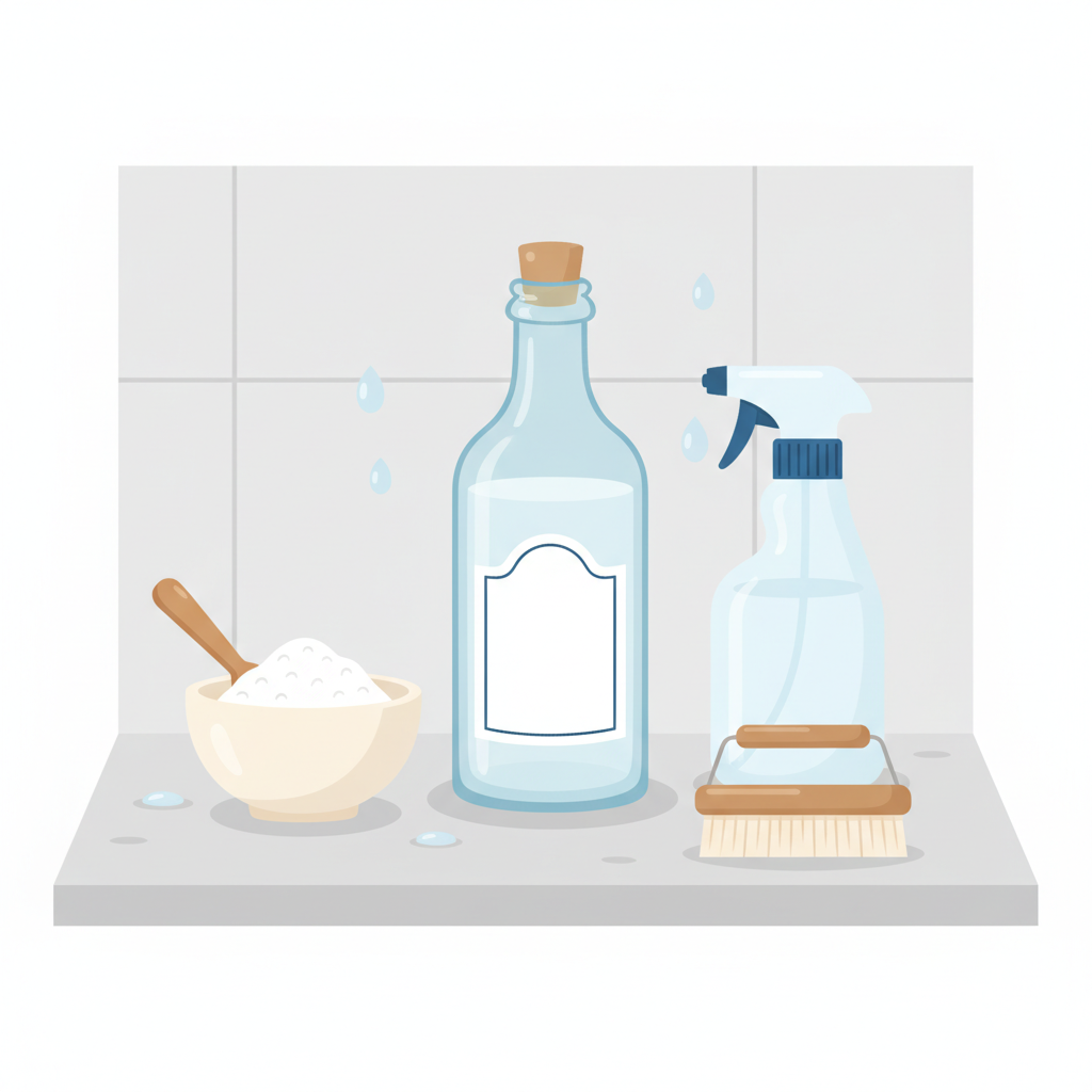 A vibrant, flat illustration depicting the key elements of natural grout cleaning. In the center, a clear glass bottle of white vinegar stands next to a small, ceramic bowl filled with white powder (representing baking soda/Natron). A wooden spoon rests inside the bowl. Nearby, a generic spray bottle is positioned next to a small, stiff-bristled cleaning brush. The background is a simple, clean bathroom counter surface, emphasizing the accessibility and simplicity of these home remedies.