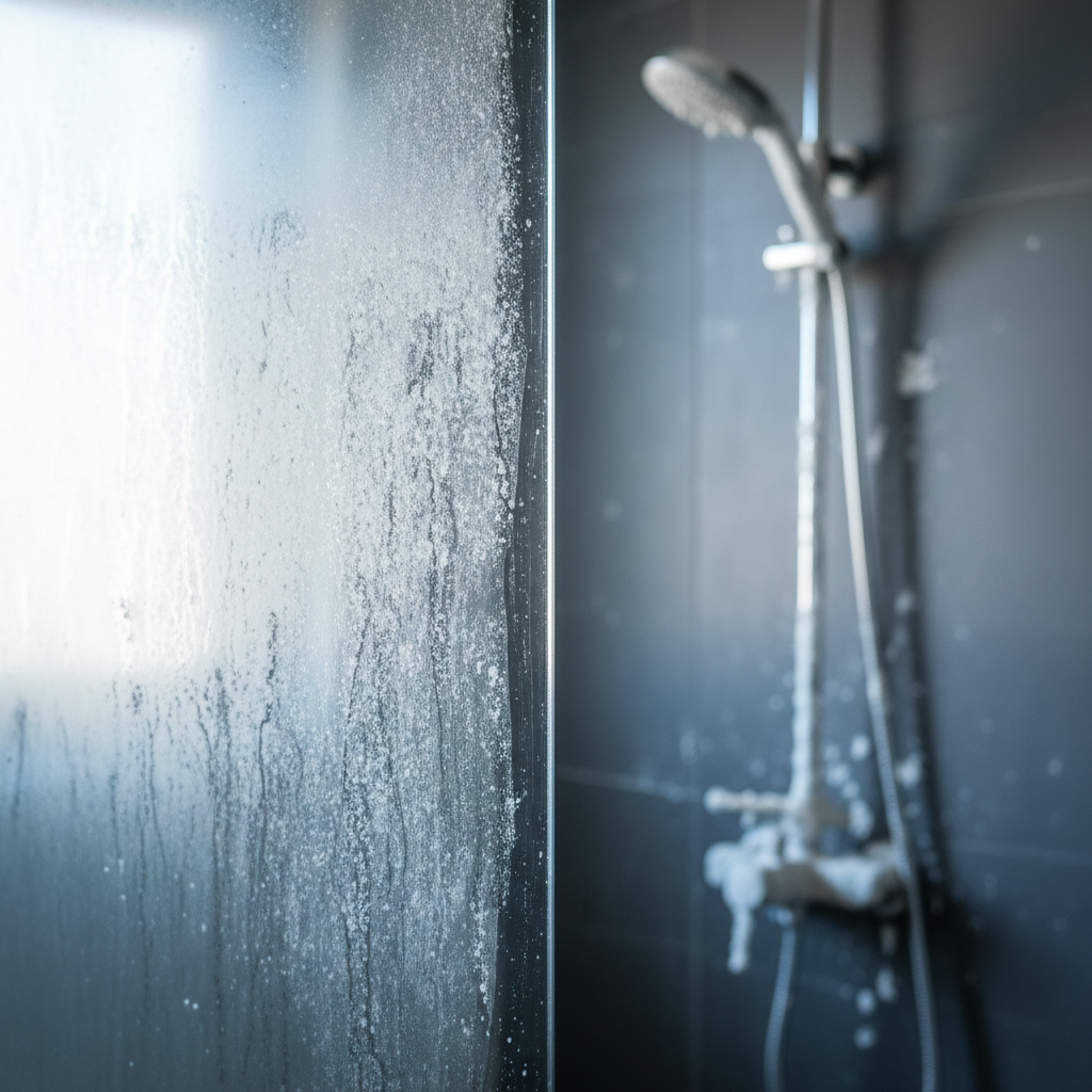 A close-up, high-quality professional photo of a modern shower interior. The focus is on a clear glass shower door, half of which is visibly covered in thick, white limescale deposits and water spots, making it appear hazy and dull. The other half of the glass is pristine and sparkling clean, reflecting light. In the blurred background, a chrome showerhead or faucet also shows noticeable white mineral buildup. The image clearly illustrates the common problem of limescale accumulation, emphasizing the contrast between dirty and clean surfaces.