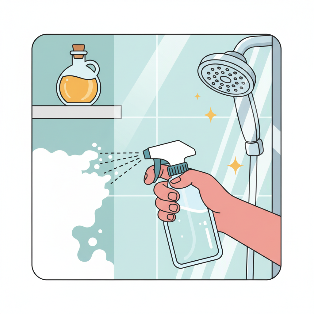 A vibrant flat illustration depicting the effective use of a home remedy against limescale. The scene shows a hand holding a clear spray bottle, actively misting a transparent liquid onto a section of a chrome shower fixture or a glass shower panel. This section is covered in visible white limescale. Adjacent to this action, another section of the same fixture or panel is shown completely clean, polished, and gleaming, with small sparkle effects, symbolizing the successful removal of the deposits. A small, stylized bottle of household vinegar is subtly placed nearby.