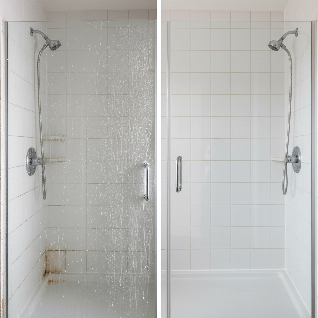 A professional photo capturing a 'before and after' comparison of a shower. The 'before' side displays a neglected shower interior with a dull, foggy glass door covered in white limescale streaks and soap scum, a tarnished chrome showerhead, and visibly darkened grout lines hinting at mold. The 'after' side shows the exact same shower area transformed: sparkling clean, with crystal-clear, reflective glass, shiny, polished chrome fixtures, and bright, pristine white grout, conveying a sense of hygiene and freshness. The scene should be well-lit to emphasize the contrast.