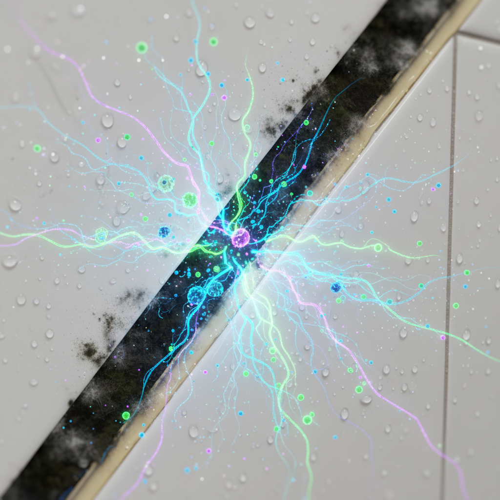 A conceptual illustration depicting a close-up section of a shower, focusing on a critical area like a tile grout line or a silicone seal. Visible dark patches of developing mold are present on the surface. Emerging from these mold spots and spreading outwards are abstract, microscopic representations of bacteria and mold spores, rendered in a slightly glowing or contrasting color to highlight their presence and danger. The style should be clean and modern, blending realistic elements with illustrative insights into the unseen hygienic threats, suitable for a health-focused blog section.