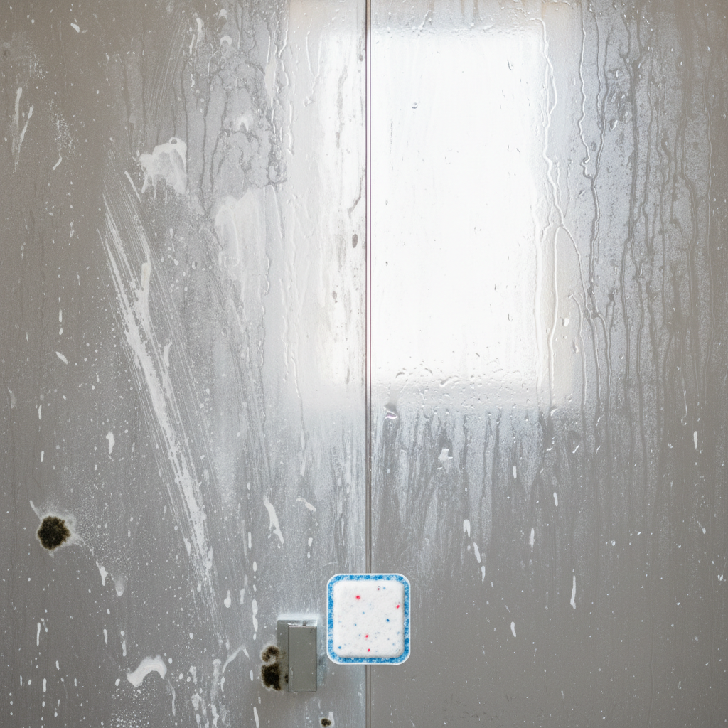 A visually striking split image. On the left side, a close-up of a dull, grimy shower wall or glass door, clearly showing white limescale streaks, soap scum residue, and a hint of dark mold in a corner. The lighting is slightly dim, emphasizing the dirt. On the right side, the same section of the shower, but now gleaming and spotless, reflecting light beautifully. The surface appears sparkling clean and smooth. A single, pristine dishwasher tab is placed prominently in the center foreground, acting as the visual bridge between the 'before' and 'after' states. Style: Professional, high-contrast photo with realistic textures.