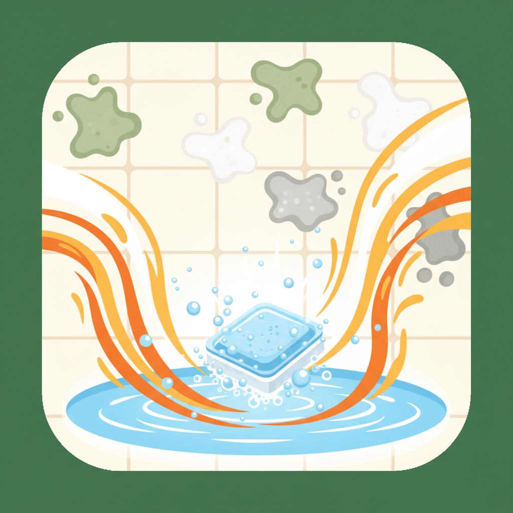 A dynamic, semi-abstract flat illustration. In the foreground, a single dishwasher tab is dissolving in a small pool of warm water, emitting subtle bubbles and energetic lines that symbolize its cleaning power. These lines and abstract 'waves' extend towards a stylized representation of typical shower grime: small, symbolic blobs of green (mold), white (limescale), and grey (soap scum) scattered across a clean, tiled background. The overall impression is one of powerful cleaning action, showing the tab as the effective solution against common bathroom buildup. Style: Clean, modern flat illustration with a vibrant color palette, focusing on visual metaphors for cleanliness and action.