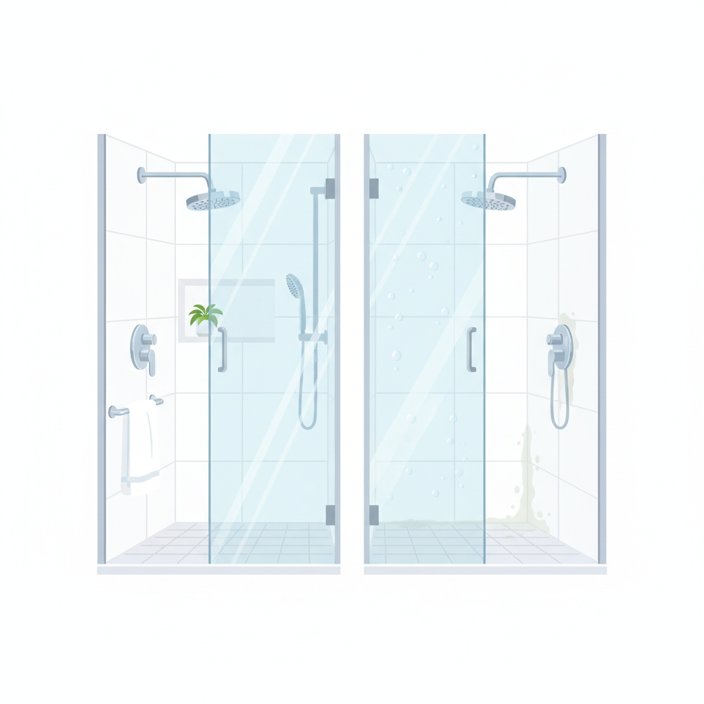 A split-screen or 'before-after' infographic illustration depicting two shower scenes. On the left, a gleaming, spotless shower interior with crystal-clear glass, shiny chrome fixtures, and bright tiles, conveying pristine hygiene and freshness. On the right, the same shower subtly shows early signs of water spots, a slight dullness from mineral deposits on the glass, and faint soap scum residue on the tiles, illustrating the start of build-up. The overall style should be a clean, modern flat illustration with a bright, inviting color palette, emphasizing prevention.