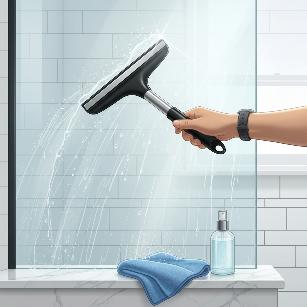 A dynamic scene illustrating the quick post-shower cleaning routine. A person's arm and hand, holding a sleek shower squeegee, smoothly glides down a sparkling clear glass shower door, actively removing water droplets. In the foreground, a folded microfiber cloth and a small spray bottle containing a clear liquid are neatly placed on a clean shower ledge. The background shows clean, wet tiles. Use a vibrant, semi-realistic digital illustration style with a focus on cleanliness, efficiency, and a sense of fresh accomplishment.