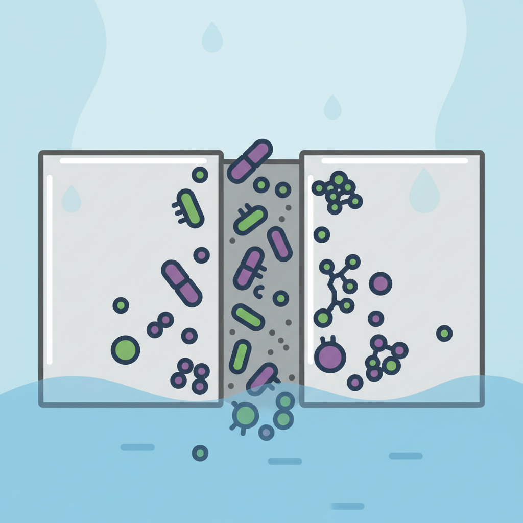 A clean, infographic-style vector illustration showing a stylized cross-section of a shower environment, perhaps focusing on a tile or grout line. Within this detailed yet simplified view, abstract, microscopic shapes representing various bacteria (like rod or spherical forms) and mold spores are visibly growing and multiplying. The background should subtly hint at moisture. The overall image should convey the unseen dangers of microbial growth in a damp environment, using clear, distinct shapes and colors to differentiate the organisms from the clean background, without being overly graphic or complex.