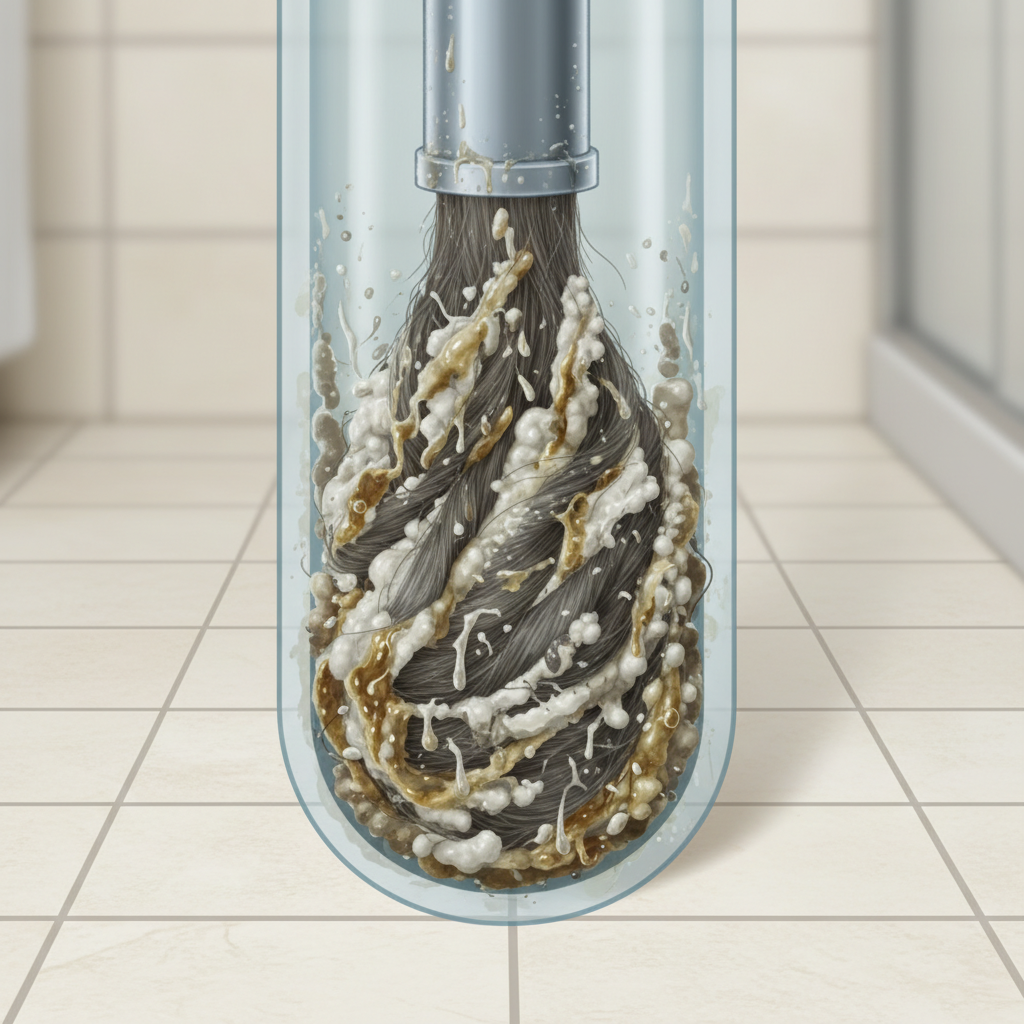 A detailed cutaway diagram of a shower drain pipe, illustrating the primary causes of a clog. Inside the pipe, a dense, multi-layered blockage is visible, consisting prominently of tangled strands of dark hair intertwined with thick, solidified deposits of white/grey soap scum and oily residue. Small, indistinct debris might be embedded within the mass. The pipe walls show some slight accumulation, hinting at the recurring nature of the problem. The surrounding area indicates a subtle tiled bathroom floor/shower base. Style: Clean, informative 3D cutaway illustration with a slight infographic feel, muted but clear colors, emphasizing the build-up.