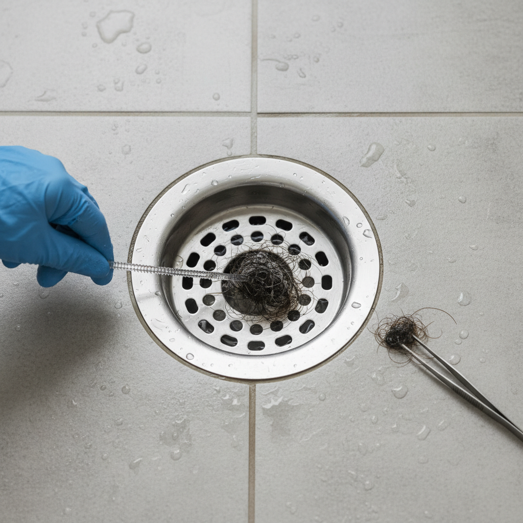A close-up, high-angle professional photo focusing on a chrome shower drain grid, where murky water is visibly pooling and slowly receding, clearly indicating a slow or blocked drain. A human hand, wearing a blue rubber glove, is gently but firmly interacting with the drain opening, holding a simple plastic drain snake or a pair of tweezers, suggesting the act of removing a visible hair clog from the surface. The surrounding shower floor is wet but clean, made of light-colored tiles. Style: Realistic, professional photo with a slightly desaturated or natural light aesthetic, emphasizing the problem and the immediate, practical solution.