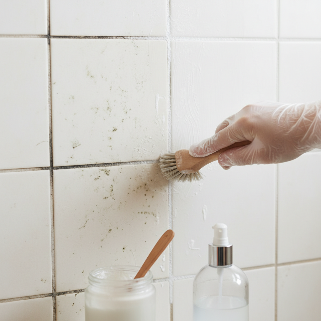A close-up, bright professional photo focusing on a section of a tiled shower wall. A hand, wearing a discreet glove, is actively scrubbing discolored grout lines between light-toned tiles with a small brush. The image distinctly shows a 'before and after' effect: one side of the grout is visibly dirty with dark spots and discoloration, while the other side, already scrubbed, gleams pristine white. In the foreground, a small, simple container holds a white cleaning paste, and a spray bottle is subtly visible, hinting at homemade cleaning solutions. The overall atmosphere is clean, effective, and refreshing.