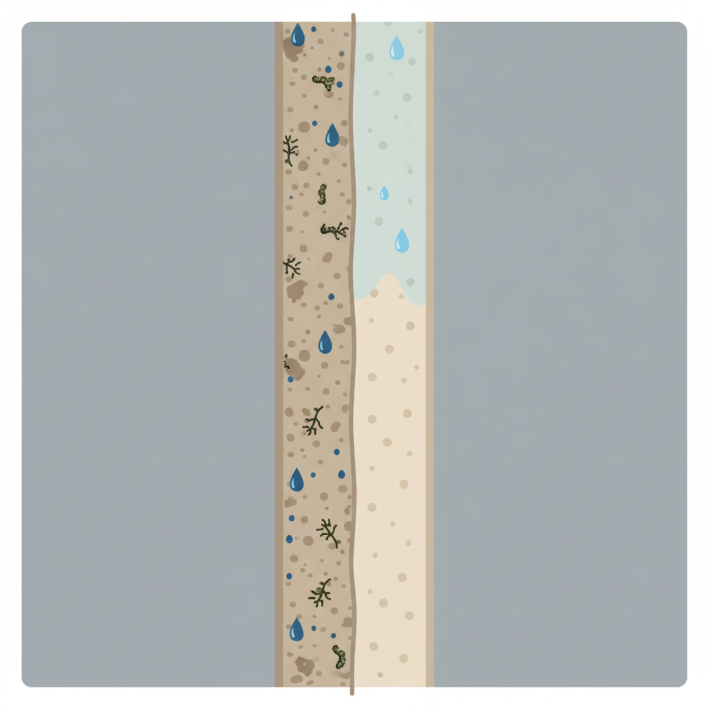 An infographic-style flat illustration depicting a stylized cross-section of a shower wall. The illustration highlights the porous nature of the grout line between two smooth tiles. On one side, microscopic elements like water droplets, dark soap residue, and tiny mold spores are shown embedded deep within the grout's texture, illustrating why it gets dirty. The other side of the grout appears clean and smooth, perhaps with a subtle, protective layer, visually explaining prevention. Use a clean, modern aesthetic with clear distinction between clean and dirty sections, employing muted colors for the elements.