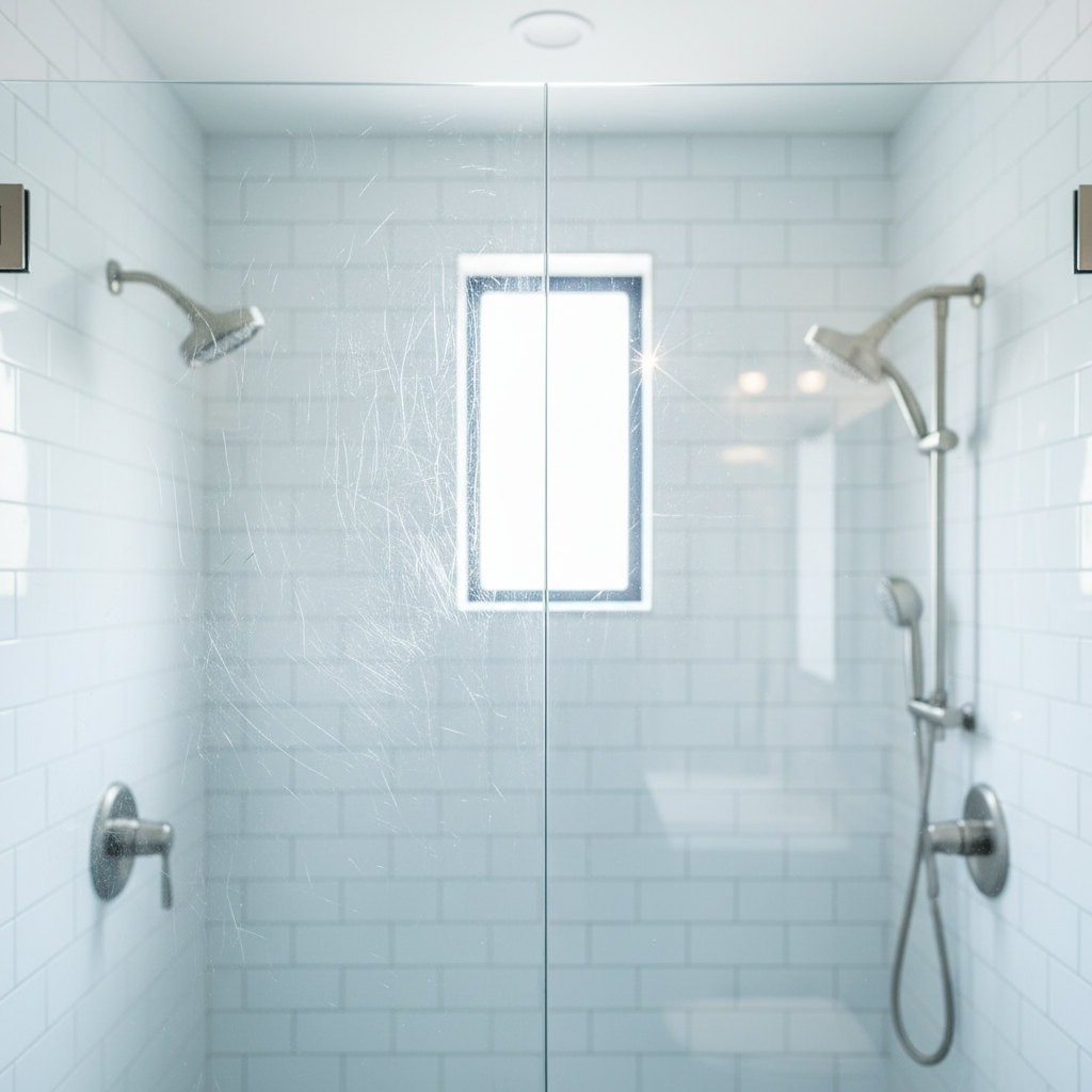 A vibrant, high-key professional photograph depicting a modern bathroom shower enclosure. On the left side, a section of the clear glass shower door is visibly marred with a network of fine to medium scratches, appearing dull and slightly hazy, diminishing its transparency. On the right side, the identical section of the glass is impeccably clean, polished, and sparkling, reflecting ambient light with perfect clarity and brilliance, showcasing a flawless, scratch-free surface that evokes a sense of renewal and pristine cleanliness.