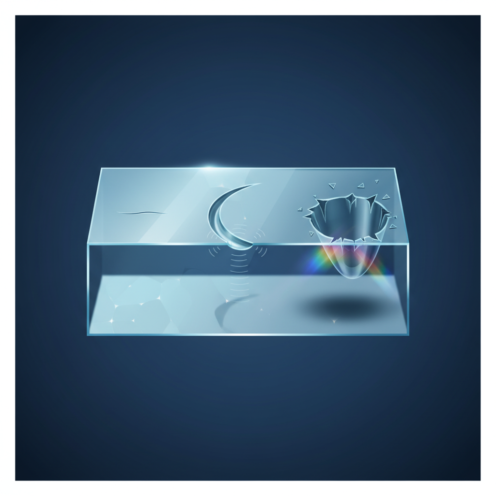A highly detailed, clean scientific illustration of a magnified cross-section of a glass surface. The illustration clearly differentiates three types of scratches: a very shallow, almost imperceptible surface abrasion; a medium-depth scratch that creates a noticeable groove; and a deep, significant gouge that penetrates considerably into the glass material. Subtle visual cues like light refraction or minor chips around the edges of deeper scratches should enhance the depiction of varying severity and depth. The overall aesthetic should be precise and informative, akin to an educational diagram.