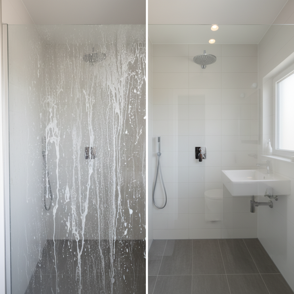 A split-screen or side-by-side comparison of a shower glass panel. On the left side, the glass is visibly covered in opaque, white limescale streaks and cloudy soap scum, making it appear dirty and neglected. On the right side, the exact same shower glass panel is sparkling clean, perfectly transparent, and reflecting light beautifully, showing the clean bathroom beyond. The setting is a modern, tiled bathroom. The style should be a professional, high-resolution photo with excellent lighting, emphasizing the dramatic difference between a dirty and a spotlessly clean surface.