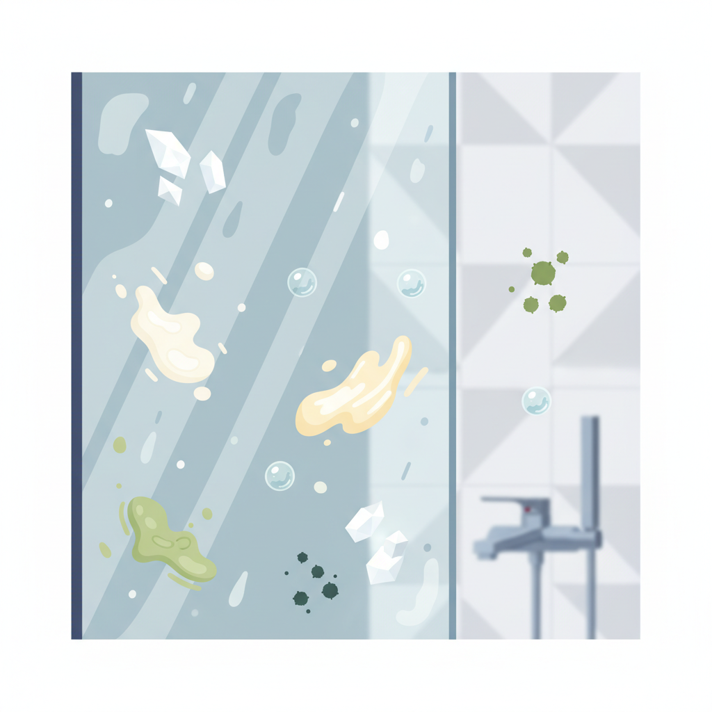 An illustrative scene depicting the common causes of dirty shower glass. The main focus is a semi-transparent shower glass panel, subtly shown with a build-up of various elements. Floating around and lightly adhering to the glass are stylized representations of white mineral deposits (limescale), yellowish-white soap scum, small shimmering droplets representing body oils/fats, and tiny green/black specks suggesting mold/algae. The background is a blurred, clean bathroom setting. Use a clean, modern flat illustration or vector art style with a soft color palette to clearly differentiate the types of dirt without being gross.