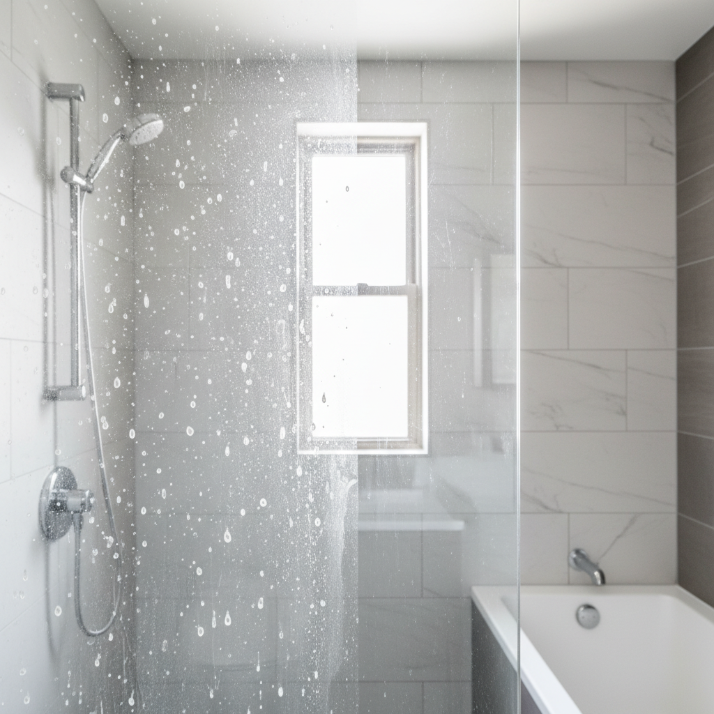 A professional photo depicting a clear contrast. On one side, a shower glass wall is heavily marred with visible white water spots, cloudy limescale deposits, and a slight greasy film from soap scum, appearing dull and uninviting. On the other side, the exact same shower glass wall is flawlessly clean, gleaming brightly and reflecting ambient light. The clean side should convey a sense of pristine hygiene and effortless shine, showcasing the transformative effect of proper cleaning methods, making the bathroom space feel brighter and more expansive.