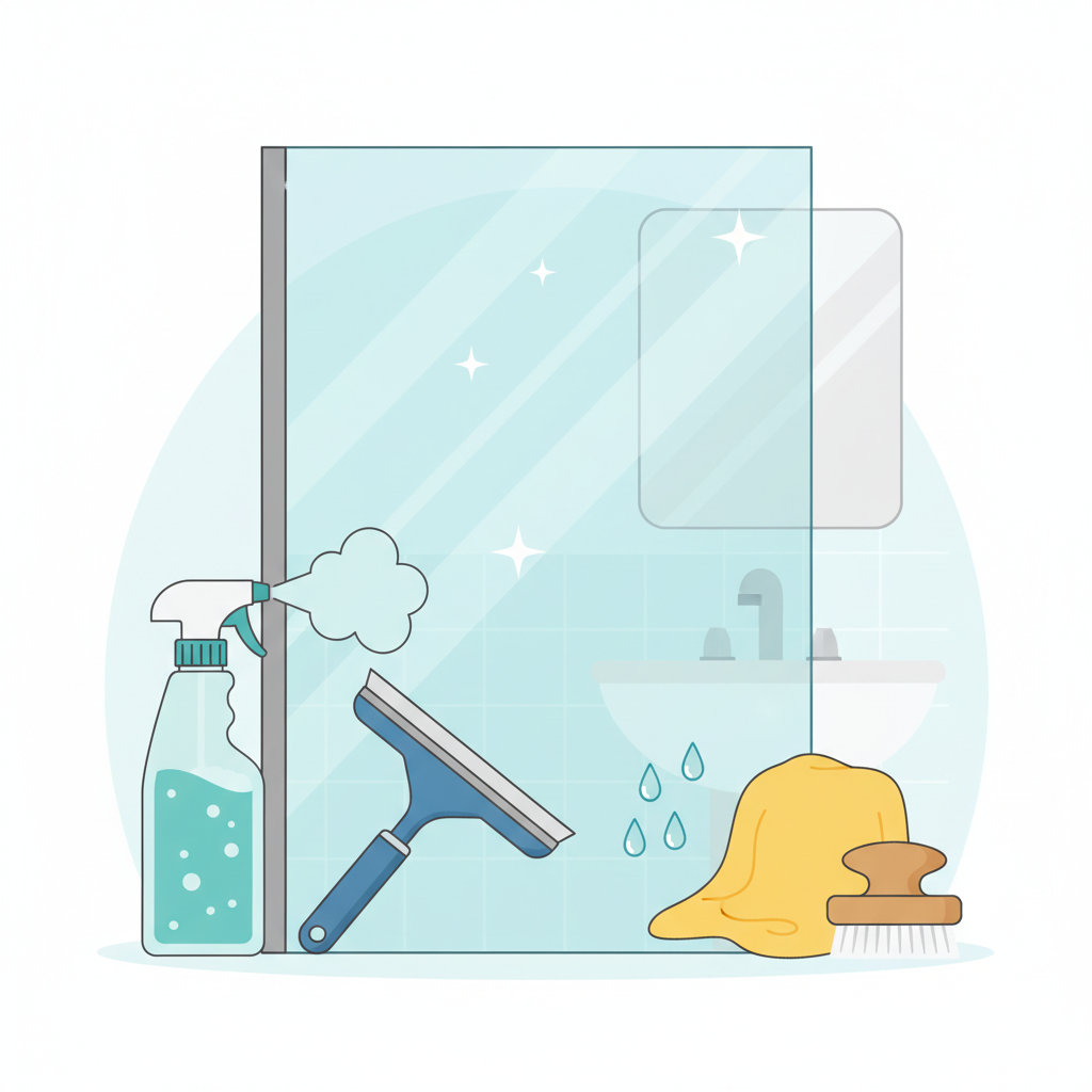 A clean, modern flat illustration. The central element is a segment of a gleaming shower glass wall, emitting subtle sparkles to emphasize its pristine condition. Arranged around the glass are various cleaning tools and aids: a vibrant spray bottle filled with a cleaning liquid, a sleek squeegee, a soft microfiber cloth, and a small, gentle scrubbing brush. The composition should suggest the process of cleaning and the effectiveness of these tools in achieving a sparkling result, set against a light, refreshing bathroom-like background.