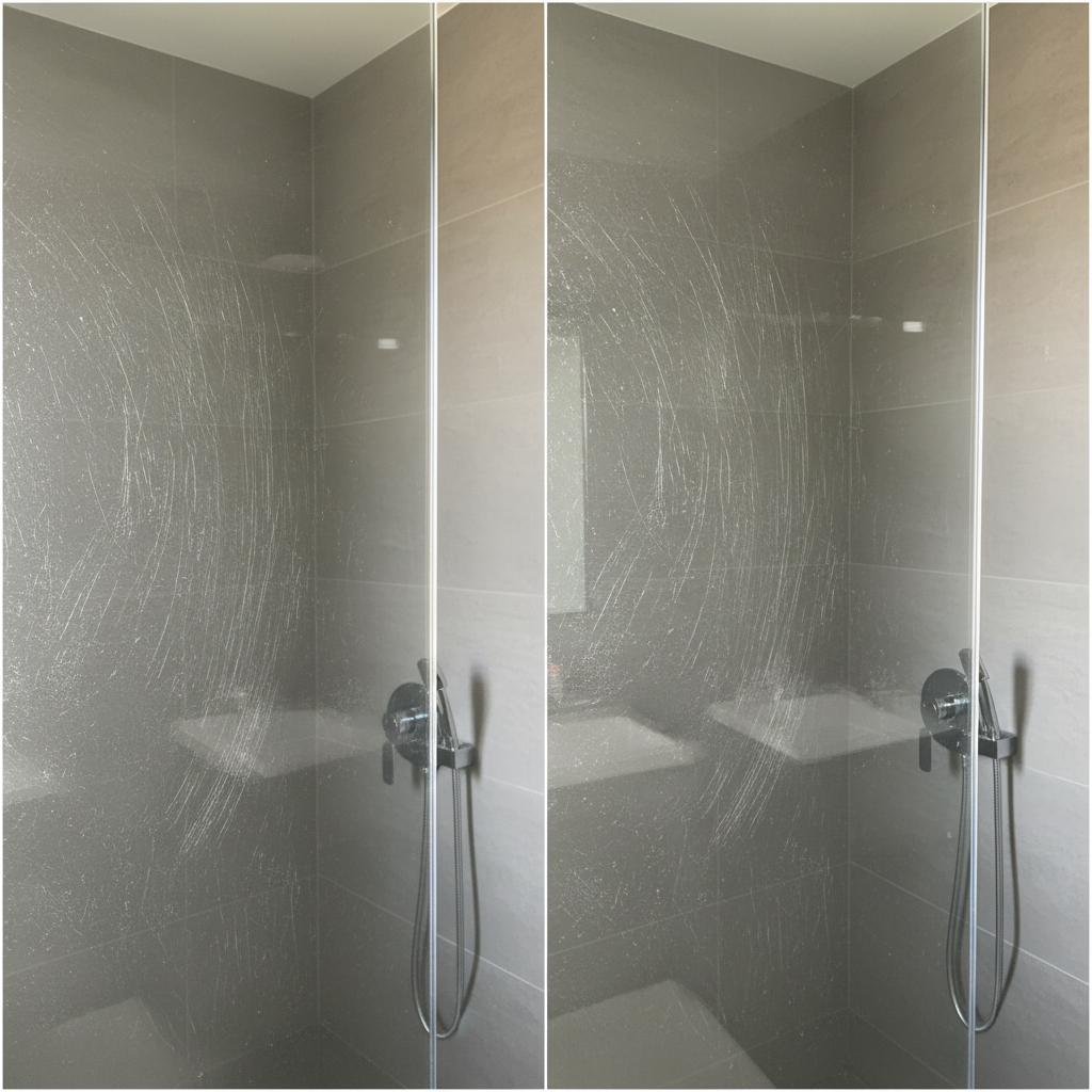 A visually striking split-screen image showcasing a 'before and after' comparison for a shower cabin. On the left, a section of a clear glass shower door displays numerous subtle, fine scratches and a slightly dull appearance, catching light imperfectly. On the right, the identical section of the glass door is now pristine, gleaming brightly, completely scratch-free, and highly reflective, suggesting restoration. The background is a modern, clean bathroom setting. Emphasize the transformation from damaged to sparkling. Professional product photography style, bright and inviting.