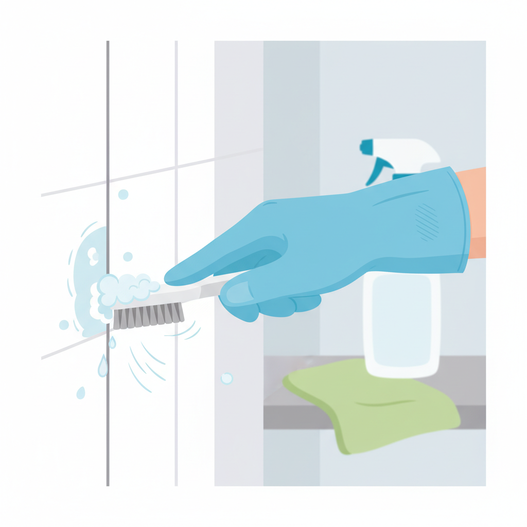 A vibrant, clean flat illustration showing a hand in a light blue protective glove diligently cleaning a shower cabin's narrow gap or grout line. The hand holds a bristled tool, like an old toothbrush or a small scrubbing brush, actively engaging with the dirty crevice. Streaks of suds or a subtle ripple effect suggest the cleaning action. In the background, subtly out of focus, a microfiber cloth and a generic cleaning bottle hint at other cleaning supplies. The overall impression is one of active, effective hygiene and maintenance in a bathroom setting.