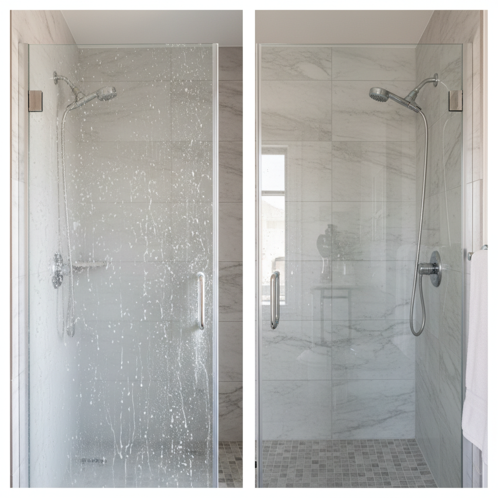 A professional, high-resolution photo featuring a split image of a shower cabin. On the left side, the shower cabin glass panels are covered in visible limescale streaks, soap scum, and water spots, with dull chrome fixtures. On the right side, the same shower cabin appears sparkling clean and streak-free, with crystal-clear glass panels reflecting light beautifully and polished chrome fixtures gleaming. The image emphasizes the dramatic 'before and after' transformation, showcasing pristine cleanliness and hygiene.
