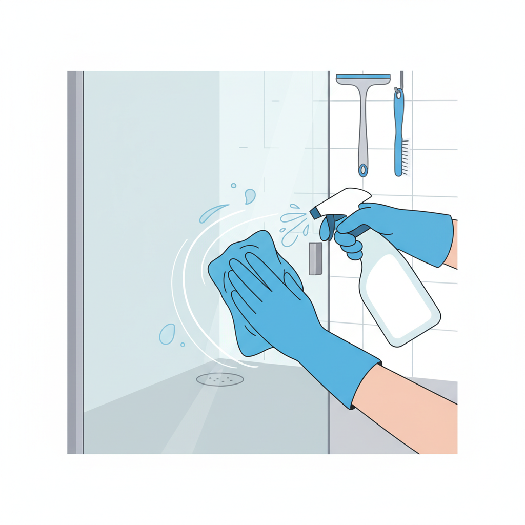 A modern, bright flat illustration depicting the process of cleaning a shower cabin. The scene shows an anonymous pair of hands, wearing protective gloves, actively wiping a transparent shower glass panel with a microfiber cloth, while another hand holds a generic spray bottle. Subtle stylized water droplets are visible on the glass, suggesting effective cleaning. In the background, a few essential cleaning tools like a squeegee and a small cleaning brush are neatly arranged. The overall mood is positive, clean, and efficient.