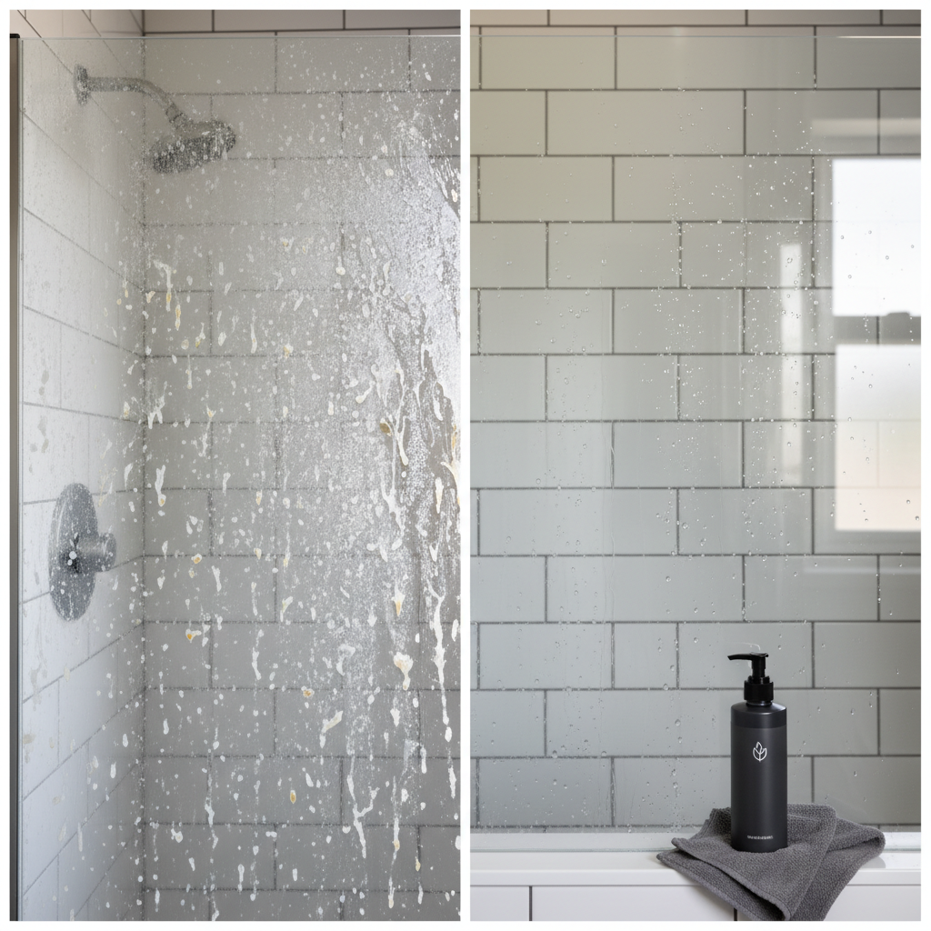 A visually compelling split-image showing a stark contrast between a dirty and a clean shower cabin. On the left, a glass shower door is heavily covered with visible limescale, mineral deposits, water spots, and dull, sticky soap scum, appearing neglected and unhygienic. On the right, the exact same shower door is sparkling, crystal clear, reflecting bright light, with small, perfectly beaded water droplets suggesting a hydrophobic effect. A sleek, modern shower cleaner bottle and a soft microfiber cloth are subtly placed next to the clean side, emphasizing the solution. Professional product photography style.