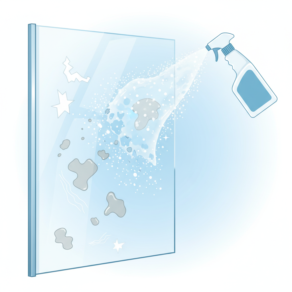 An infographic-style illustration depicting the targeted effectiveness of a specialized shower cleaner against common shower residues. The image shows a simplified, glossy cross-section of a shower glass surface. Various stylized contaminants cling to it: jagged white crystals representing limescale, grey amorphous blobs symbolizing soap scum, and faint wavy lines for water stains. An abstract, powerful cleaning agent (represented as a clear, effervescent wave or dissolving particles) emanates from a generic cleaner bottle, actively breaking down and eliminating these dirt particles, leaving the glass surface visibly clear and pristine. Clean vector art illustration.