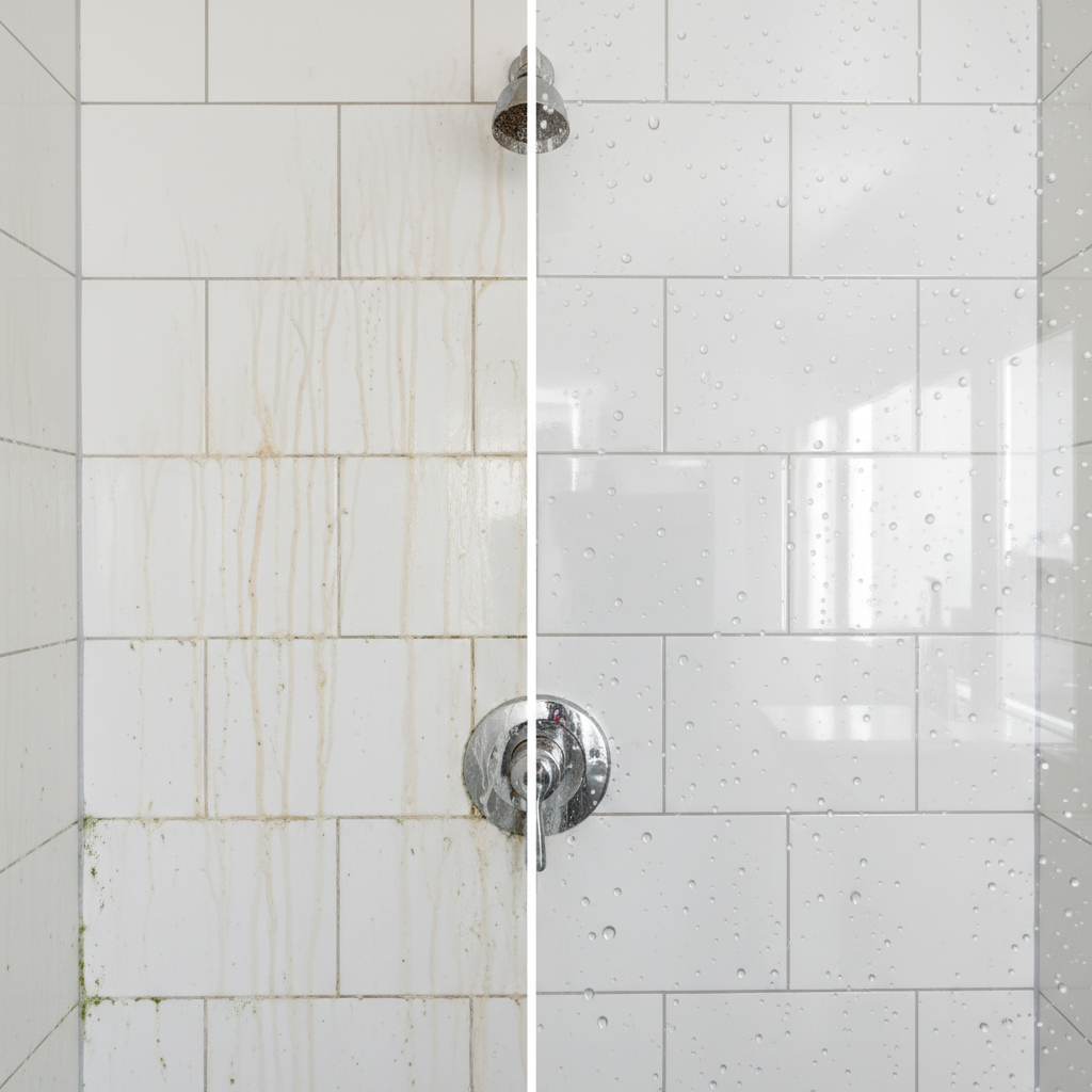A visually striking split-screen or 'before and after' image depicting a shower wall. On the left side, the shower tiles and glass panel are visibly clouded with milky white limescale streaks, dull soap scum residue, and faint greenish mold spots in the grout lines, creating a grimy, unappealing appearance. On the right side, the exact same shower wall is pristine, sparkling clean, with highly reflective, clear glass and gleaming tiles, showing tiny, perfect water droplets beading off the surface, conveying freshness and hygiene. The overall style should be a professional, high-resolution photo with sharp focus on the textures and reflections.