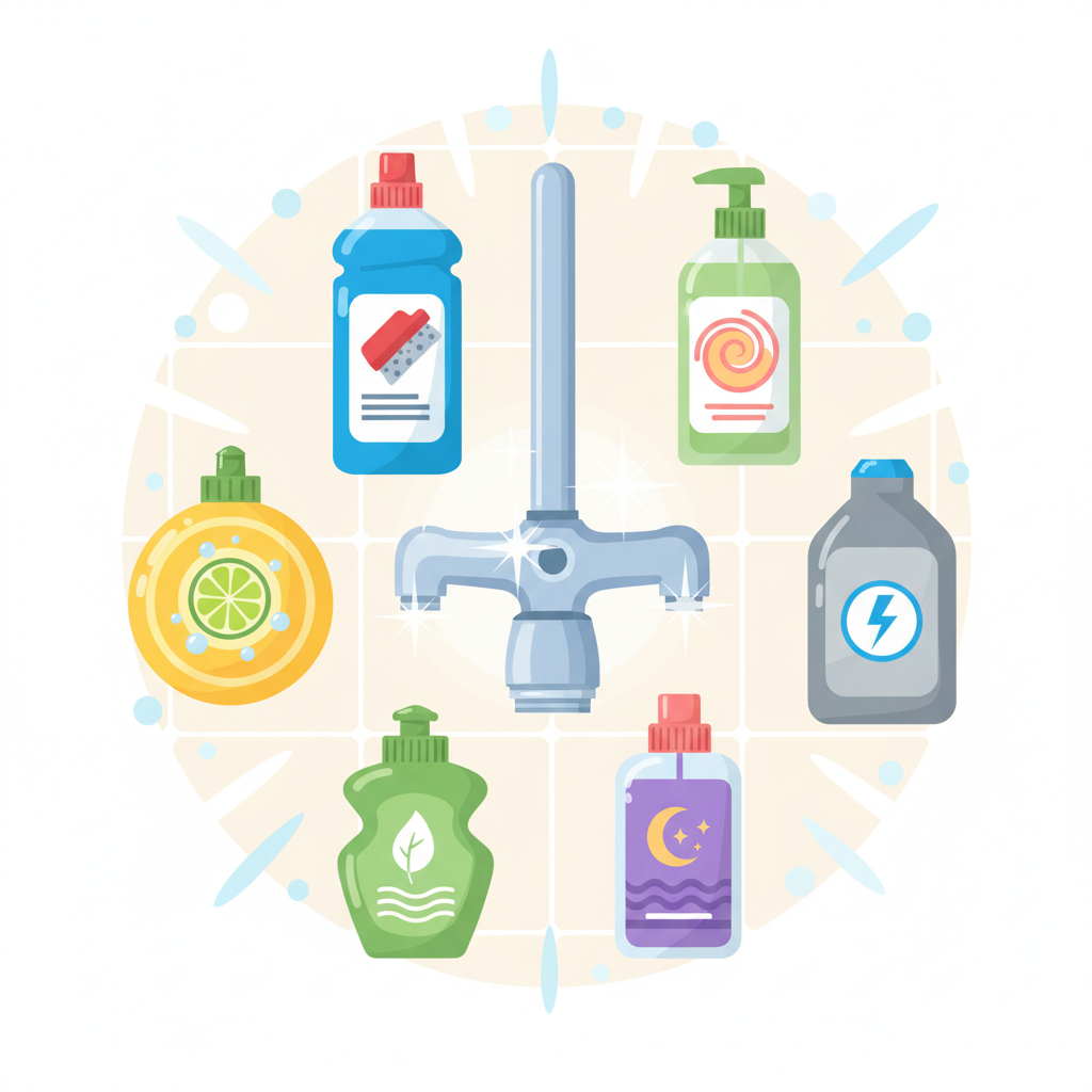 A vibrant flat illustration showcasing a diverse selection of generic shower cleaning product bottles arranged neatly around a central, sparkling clean shower fixture, such as a gleaming chrome shower head or faucet. The bottles vary in shape and color, with subtle visual cues hinting at different cleaning purposes (e.g., one bottle might feature a stylized lemon for limescale, another a scrubbing brush for heavy-duty cleaning, and a third a gentle leaf motif for eco-friendliness). The background features clean, minimalist shower tiles, with abstract 'sparkle' or 'freshness' visual effects emanating from the clean areas, emphasizing variety and effectiveness.