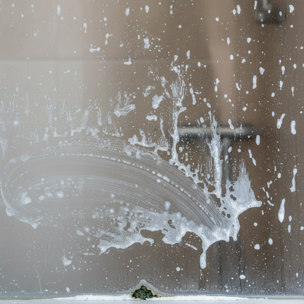 A close-up, professional photo of a glass shower wall heavily affected by common bathroom stains. Clearly visible are distinct white, chalky limescale streaks and spots, opaque soap scum residue, and faint water spots creating an unappealing film. A small patch of dark mold or mildew is subtly visible along a silicone seam or edge. The glass appears dull and murky, emphasizing the need for cleaning. The background is a softly blurred, neutral bathroom setting.