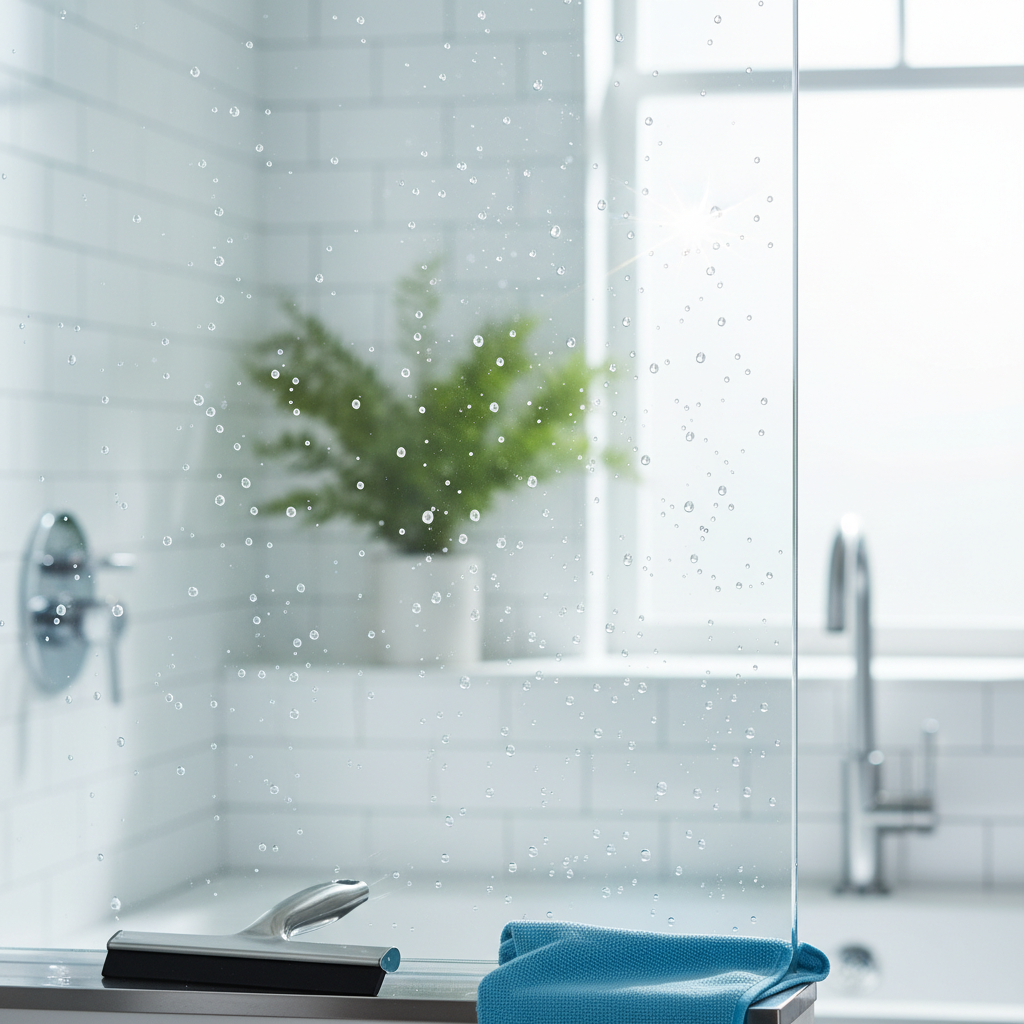 A vibrant, professional photo capturing a sparkling clean glass shower wall that is impeccably clear and reflective. Light glints off the pristine surface, highlighting its transparency and brilliant shine. Perfectly formed water droplets are gracefully beading on the glass, suggesting a recently cleaned or water-repellent finish. In the foreground, neatly arranged on a ledge, are a clean squeegee and a soft microfiber cloth, hinting at effective cleaning tools. The background shows a bright, inviting bathroom interior.