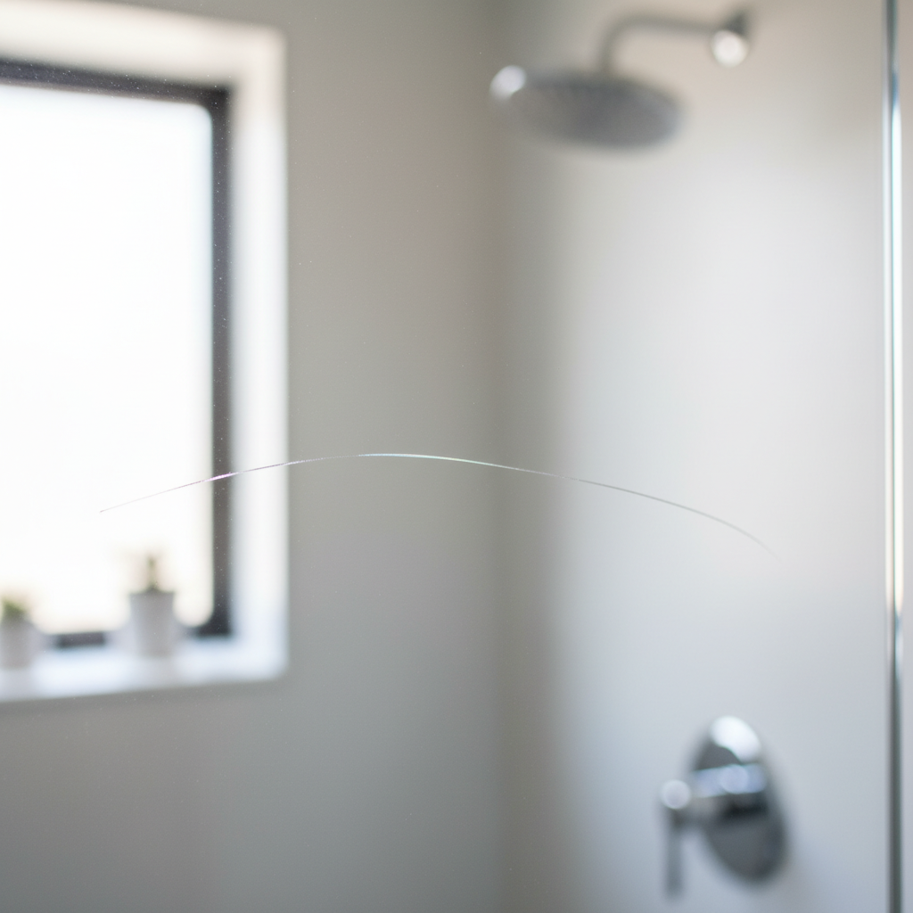A close-up, professional photograph of a clear glass shower wall, revealing a fine, visible scratch running across its surface. The lighting should subtly highlight the imperfection, showing how it catches the light. One side of the glass appears pristine, while the scratched area shows a slight dullness or imperfection. In the soft-focus background, hints of a modern bathroom setting are visible. The image conveys the common problem of damaged glass surfaces in a clean, realistic manner.