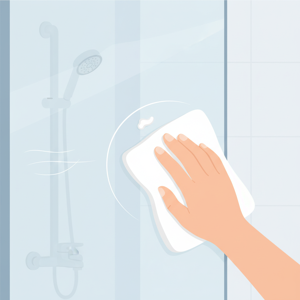 A clean, flat illustration demonstrating the process of polishing a shower wall. A human hand, holding a soft, white cloth with a small amount of white toothpaste, is gently rubbing a circular motion on a specific area of a clear glass shower panel. The glass surface shows a faint, thin scratch on one side that progressively fades into a clearer, polished appearance where the hand is working. The background is a minimalist, light-toned bathroom, emphasizing the task at hand.