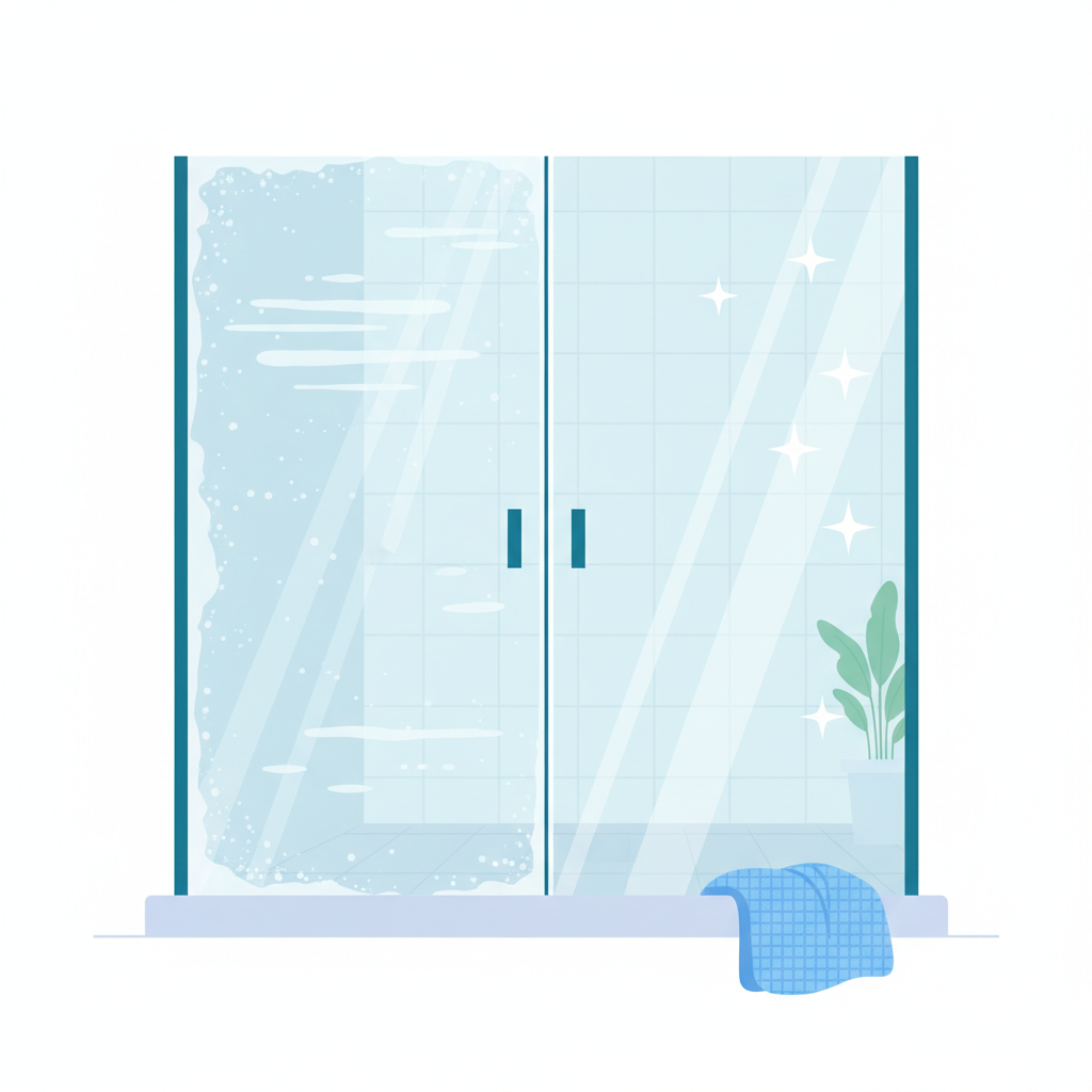 A vibrant, clean flat illustration showing a clear contrast between a dirty and a clean glass shower panel. On the left side, the glass is visibly covered with cloudy lime scale and streaky soap scum, appearing dull. On the right side, the same glass panel is sparkling, completely transparent, with light reflecting brilliantly off its pristine surface, suggesting a 'before and after' effect. A soft, clean microfiber cloth is subtly placed near the clean side. The overall mood should be optimistic and highlight the effectiveness of cleaning.