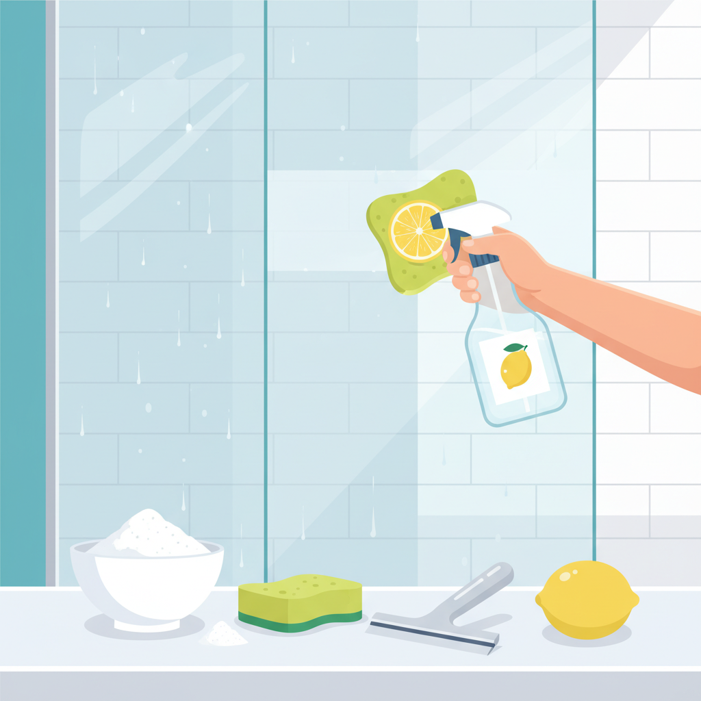 An infographic-style illustration set in a modern bathroom, focusing on the act of cleaning a shower wall using household remedies. A hand, subtly visible, is wiping down a glass shower panel with a spray bottle, potentially containing a clear liquid like vinegar, and a half-cut lemon. In the foreground, various common cleaning items such as a bowl of baking soda, a soft sponge, and a squeegee are neatly arranged. The shower wall should transition from a slightly soiled state to a gleaming, streak-free finish where it's being cleaned. The style should be clean, bright, and encouraging.