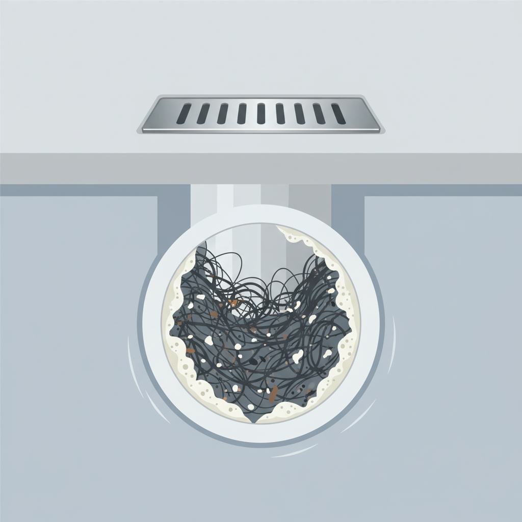 A detailed cutaway illustration showing a cross-section of a modern walk-in shower drainpipe. Inside the pipe, strands of dark hair are visibly tangled with creamy soap scum and small, indistinct debris, forming a clear blockage. Subtle calcified deposits line the interior walls of the pipe, narrowing the passage. The surrounding shower floor is sleek and minimalist, emphasizing the 'ebenerdig' design. The style is a clean, modern flat illustration with a soft, informative color palette, highlighting the common causes of drain issues.