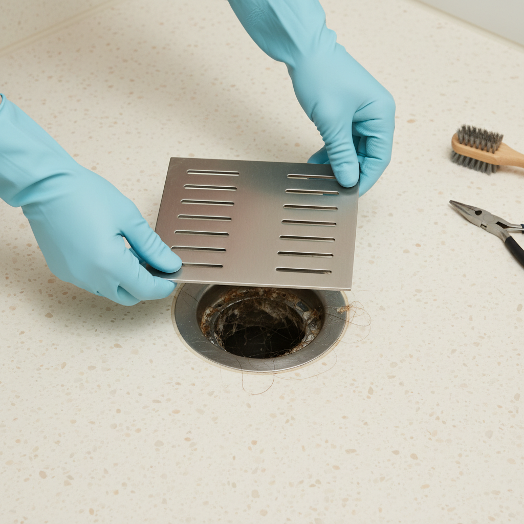 A close-up, eye-level professional photo capturing the initial step of cleaning a walk-in shower drain. A pair of hands, wearing light-colored rubber gloves, is gently lifting a contemporary, square-shaped metallic drain cover from a light-colored, seamless shower floor. The opening of the drain beneath is partially visible, suggesting the presence of debris. The scene is brightly lit, clean, and practical, focusing on the action and the simple tools involved, conveying a sense of easy DIY maintenance.