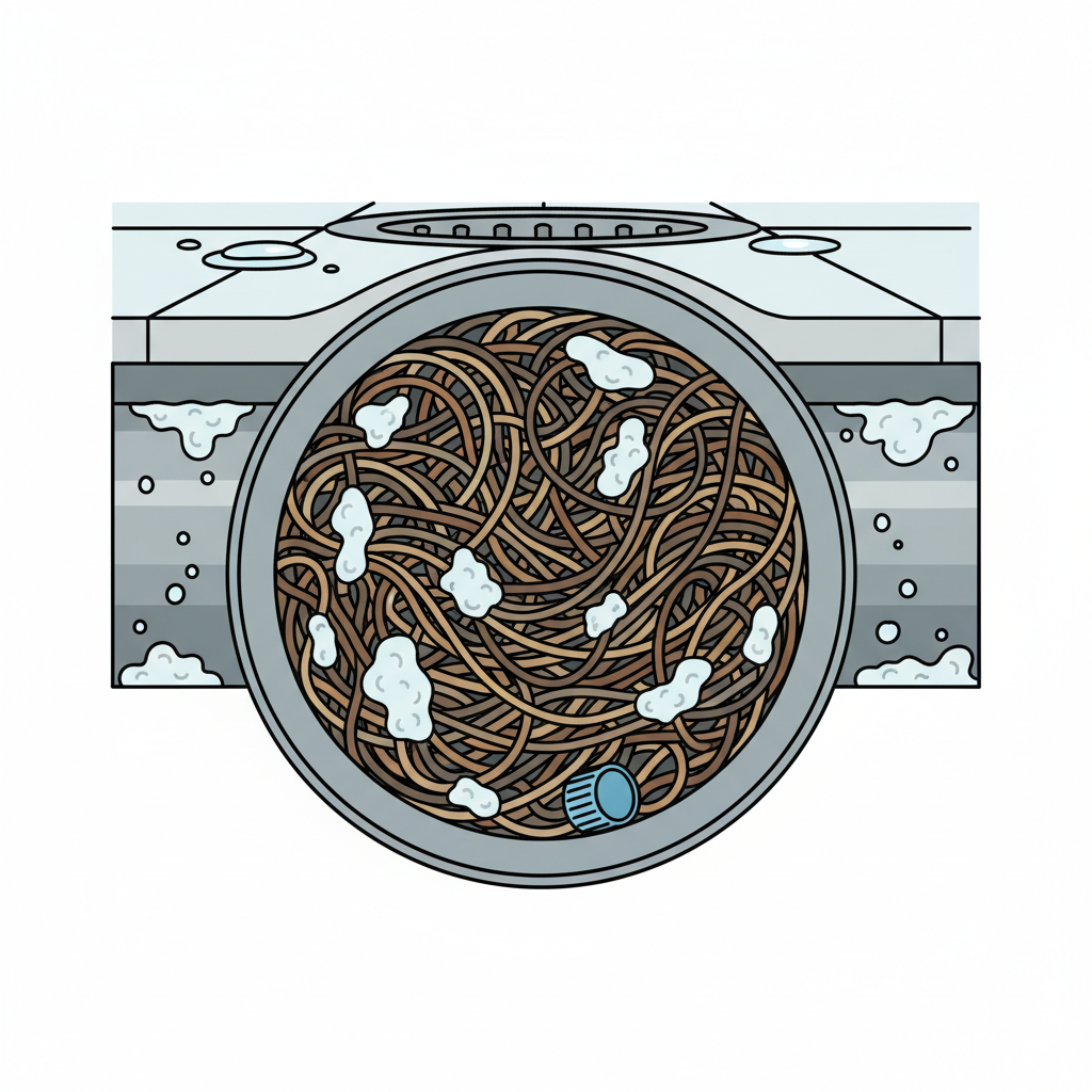 A detailed, cutaway infographic illustration of a cross-section of a modern, floor-level shower drain pipe. The illustration should clearly show various common clogging culprits accumulating inside the pipe. Visually depict tangled masses of human hair, globs of white and grey soap residue, and subtle calcification (lime scale) adhering to the pipe's interior walls, obstructing water flow. A small, generic foreign object, like a tiny plastic cap, could also be visible within the blockage. The surrounding shower floor should be minimally rendered, focusing attention on the internal drain problem. Use a clean, educational, flat illustration style with distinct, easily identifiable elements.